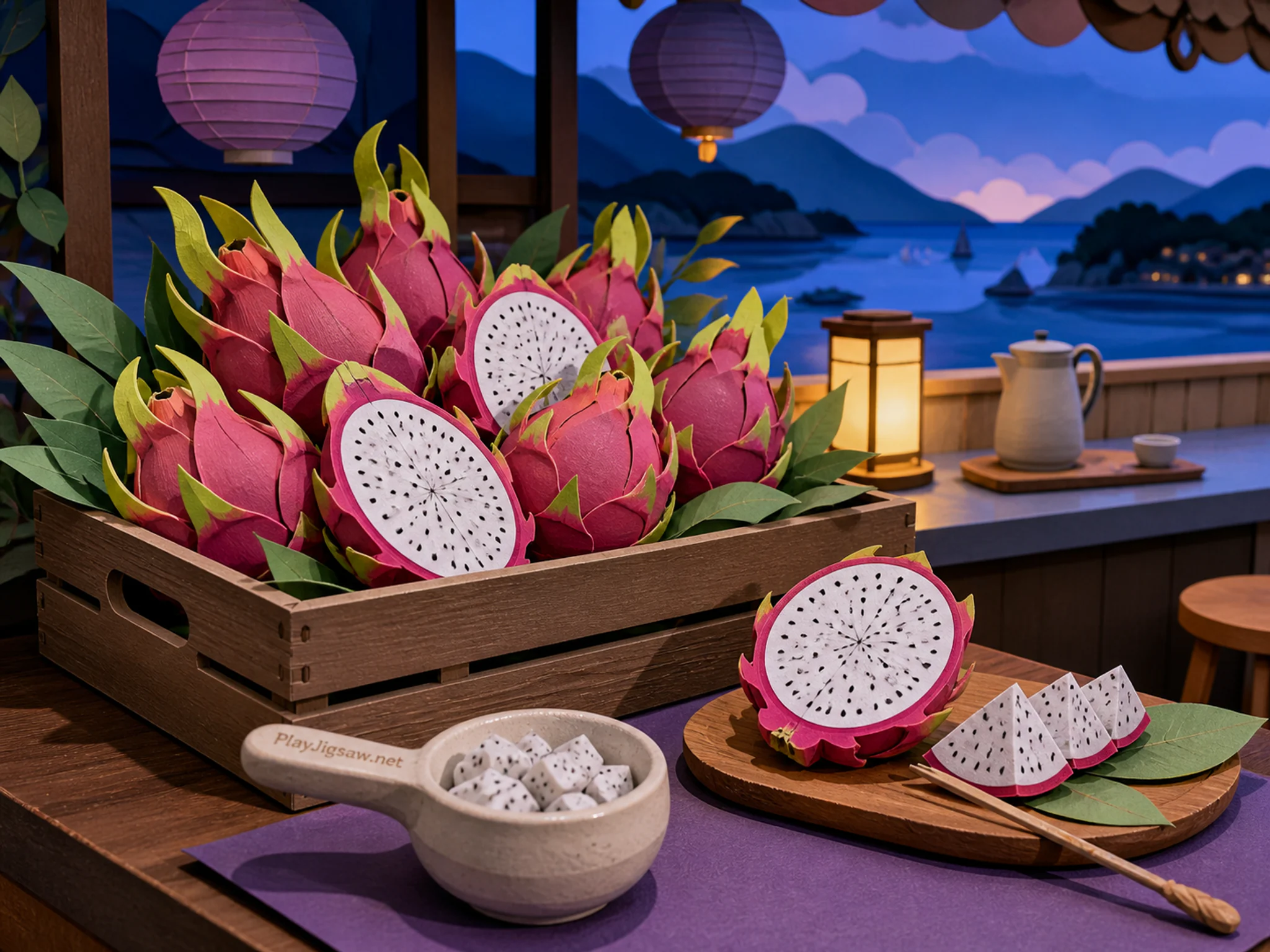 Dragon Fruit Stall displayed across labeled-free storage crate in a calm tasting counter, with layered scenery and cool blue-hour light.