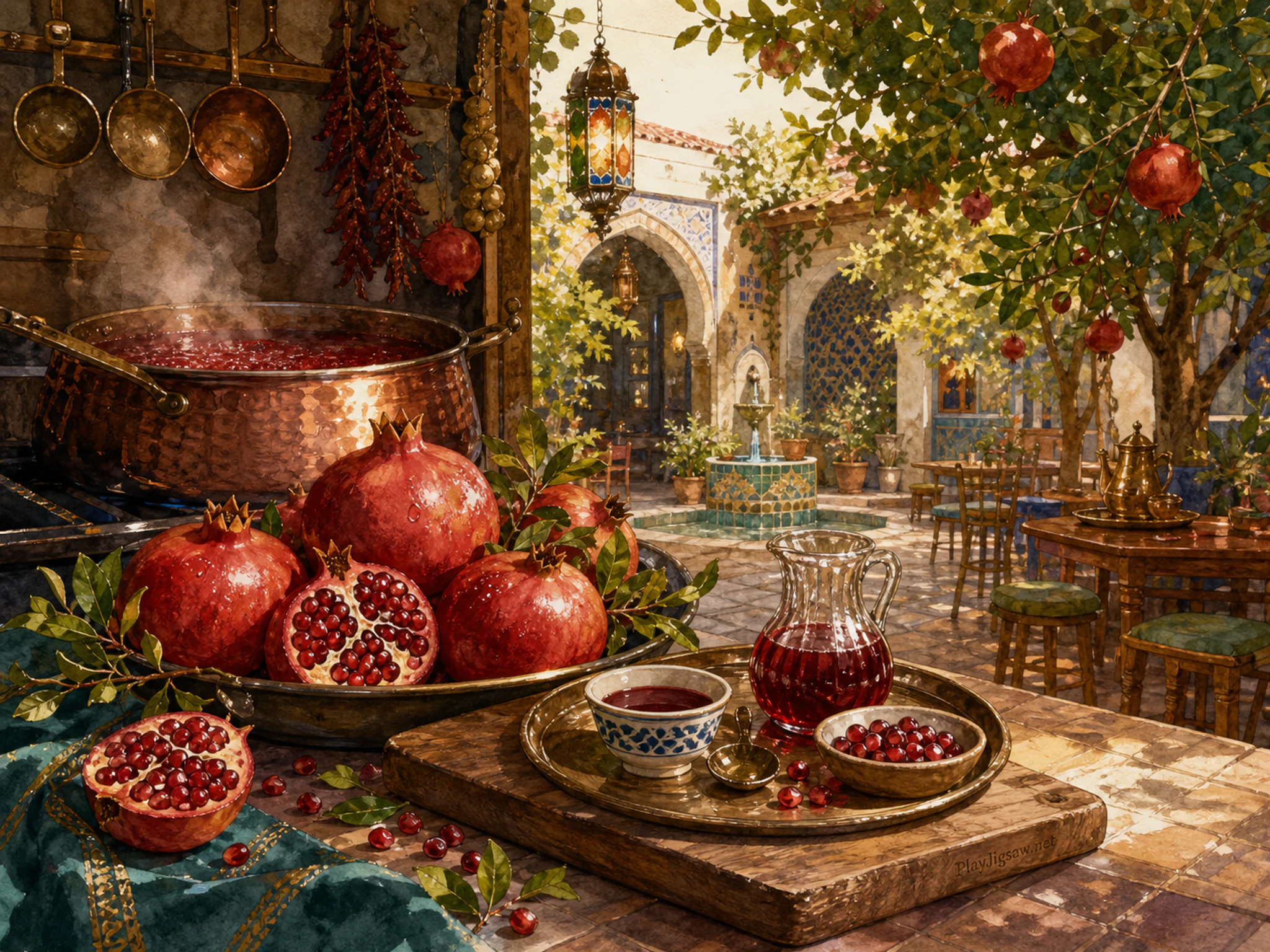 Pomegranate Courtyard simmering beside small tasting tray in a lively sheltered food stall, with layered scenery and warm late-day sunlight.