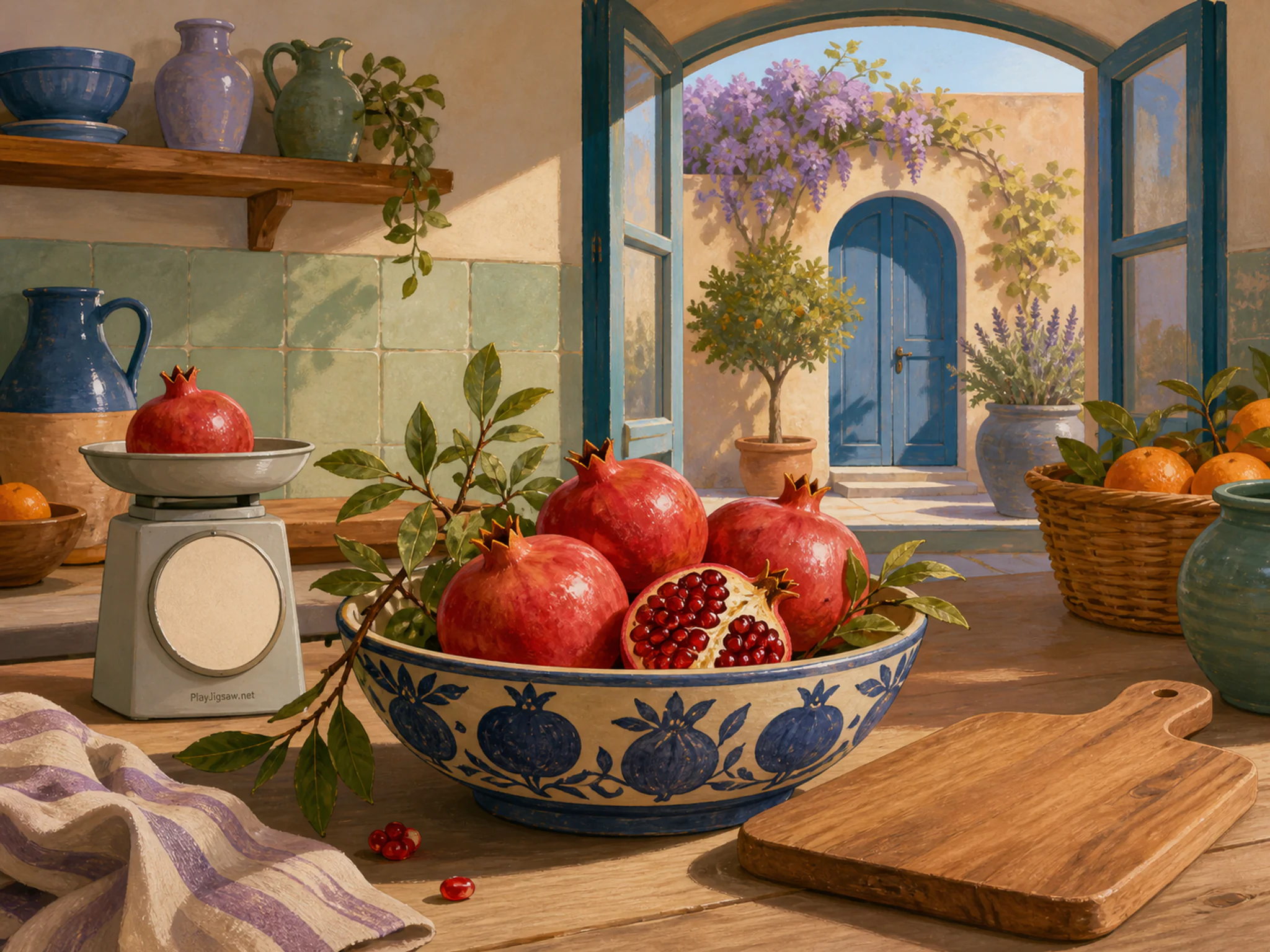 Pomegranate Courtyard served beside wooden serving board in a warm working kitchen, with layered scenery and clear early morning light.