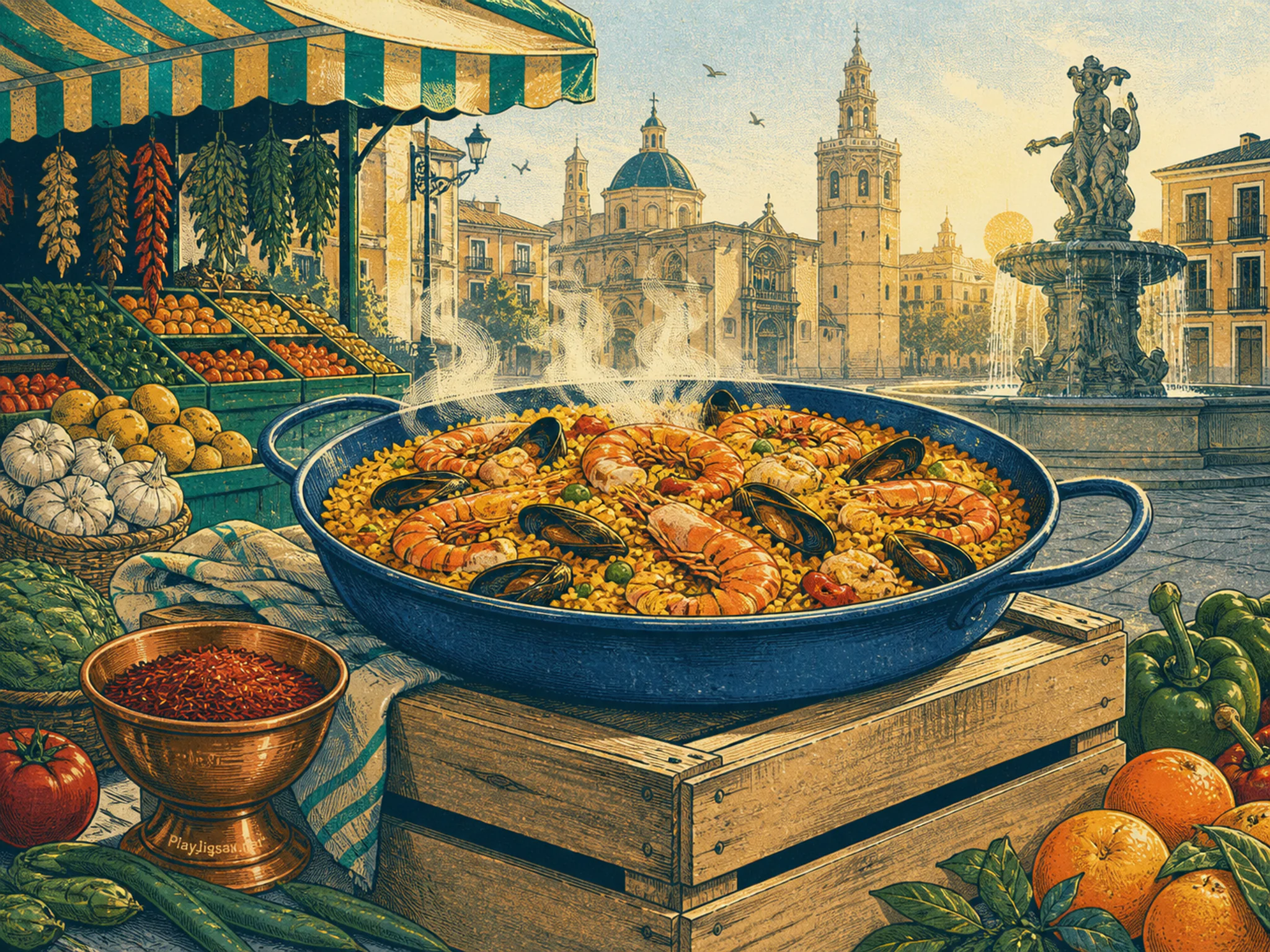 Cobalt Paella steeping above labeled-free storage crate in a colorful produce market, with layered scenery and clear early morning light.