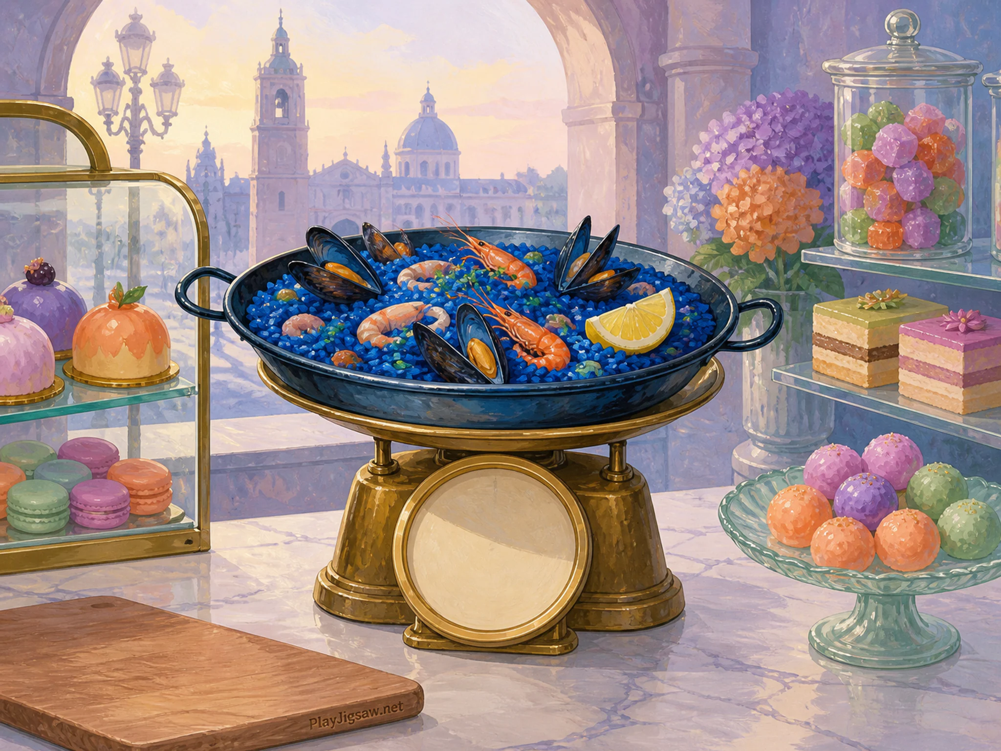 Cobalt Paella freshly prepared on brass market scale in a bright confectionery display, with layered scenery and calm misty dawn.