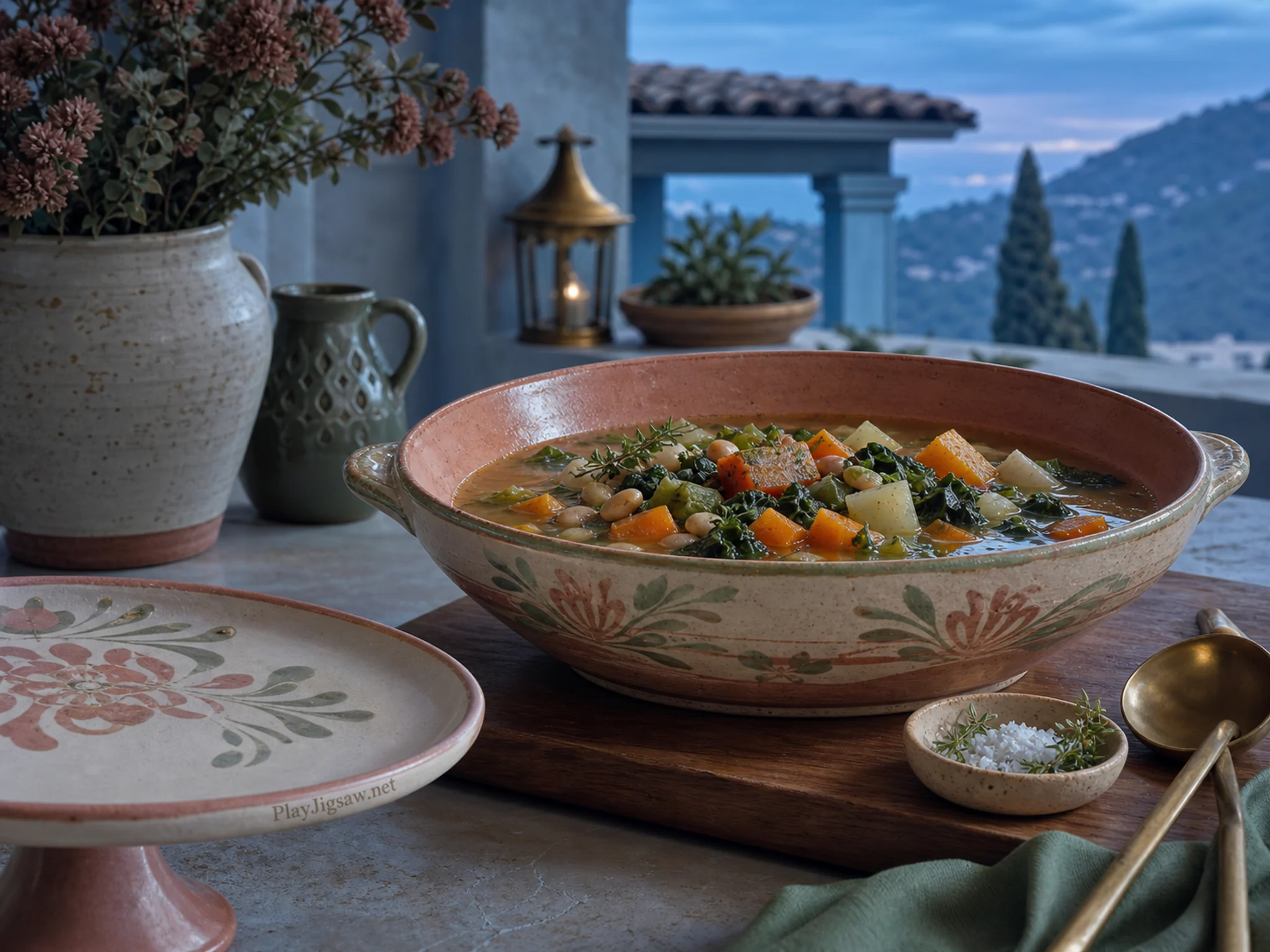 Harvest Soup being sorted beside wooden serving board in a calm tasting counter, with layered scenery and cool blue-hour light.
