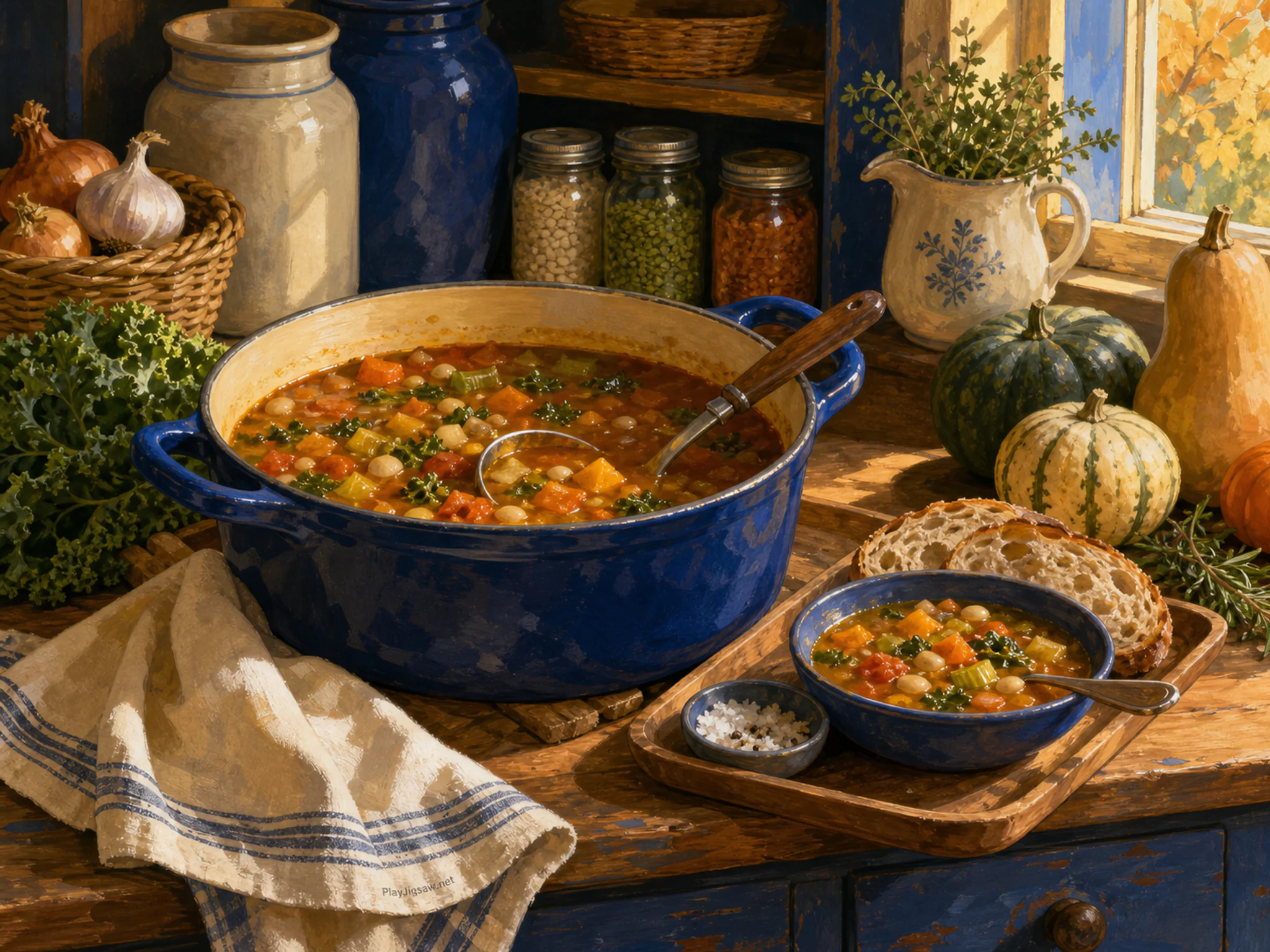Harvest Soup arranged around small tasting tray in a practical pantry workspace, with layered scenery and warm late-day sunlight.