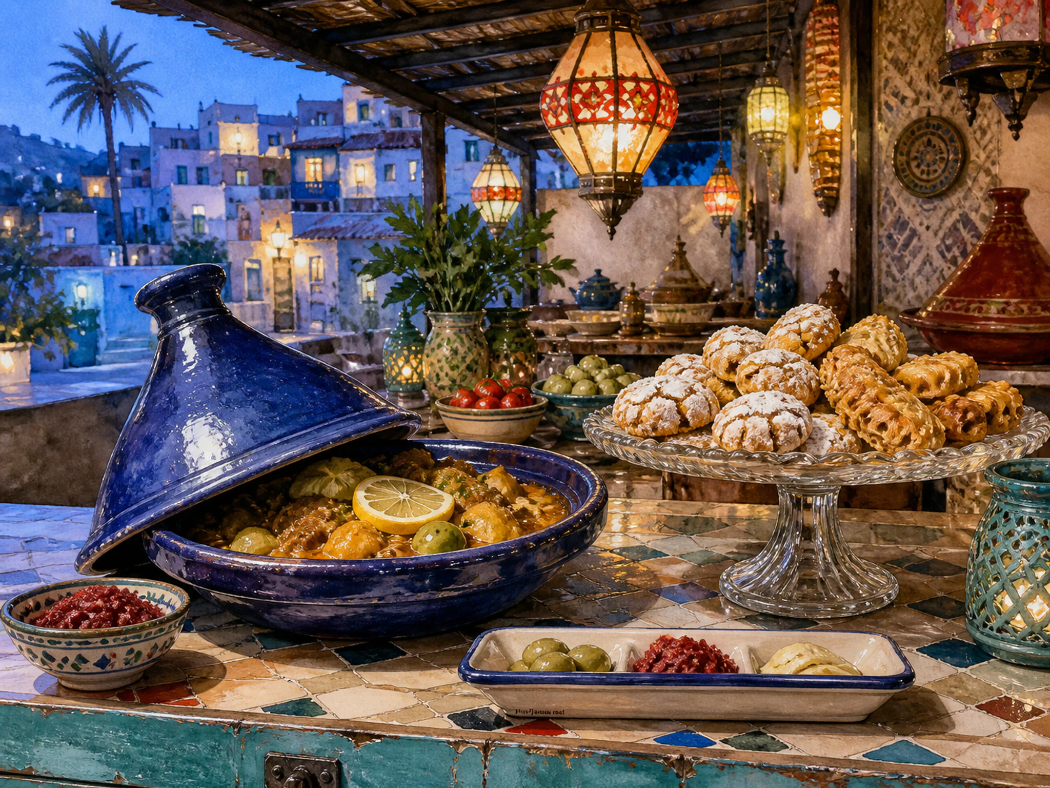 Indigo Tagine served beside glass cake stand in a lively sheltered food stall, with layered scenery and cool blue-hour light.