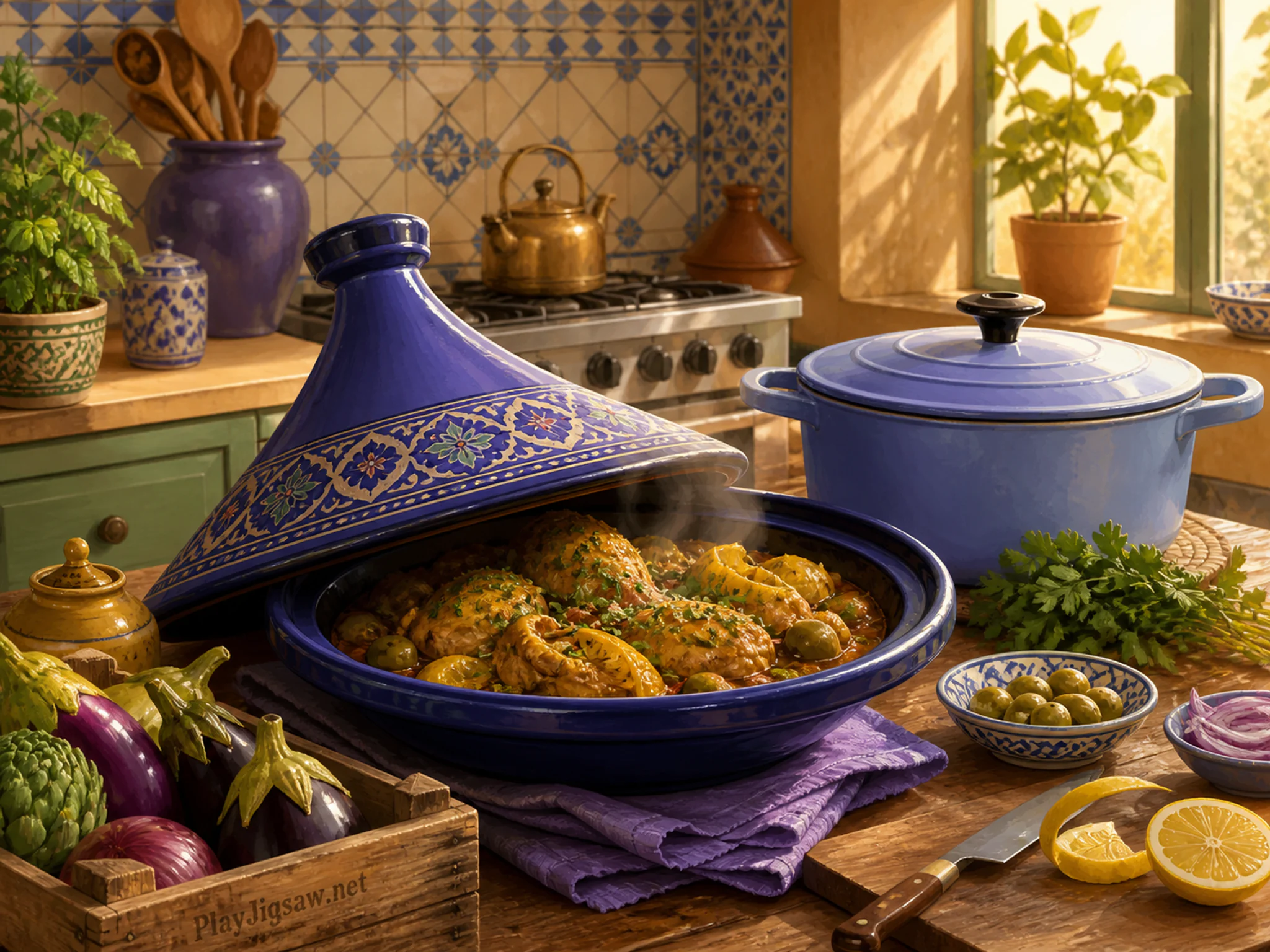 Indigo Tagine simmering beside enameled cooking pot in a warm working kitchen, with layered scenery and warm late-day sunlight.