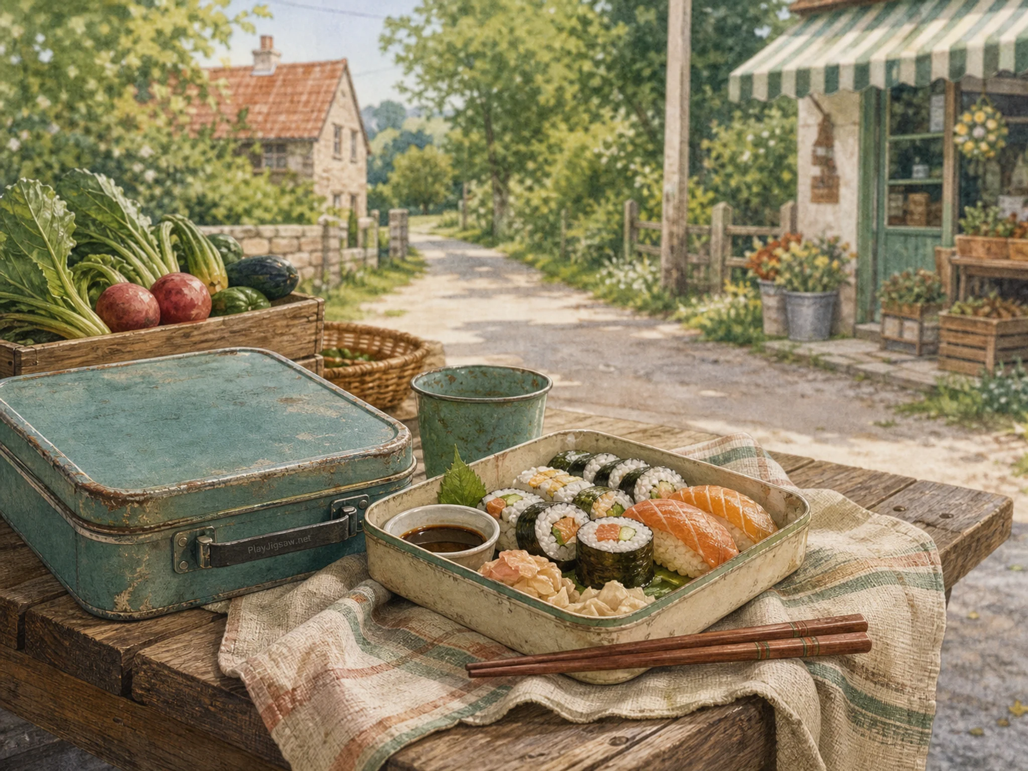 sushi picnic prepared naturally beside an enamel lunch tin in a simple sushi picnic table beside a country lane, with familiar objects and clear early-morning light.
