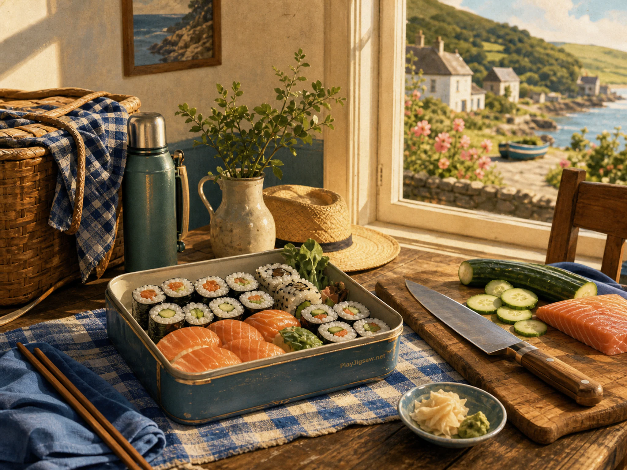 sushi picnic prepared naturally beside a wooden chopping board in a family picnic-prep table with sushi boxes and a checked cloth, with familiar objects and golden kitchen-window.