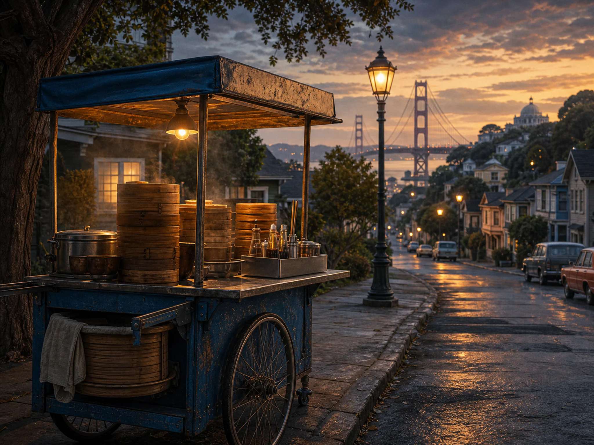 dumpling stall prepared naturally beside a metal condiment caddy in a neighborhood dumpling cart parked after service with no people, with familiar objects and warm lamplight at.