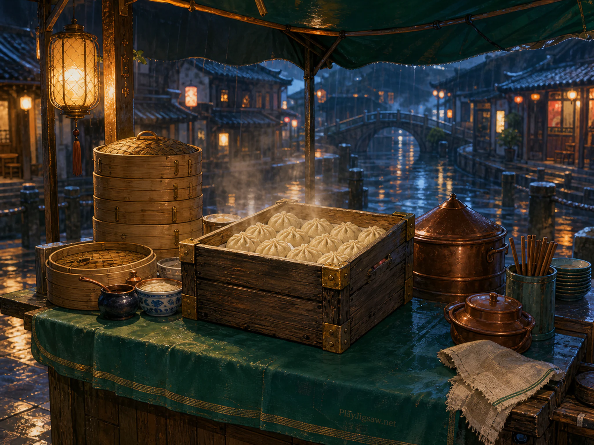 Dumpling Stall arranged around labeled-free storage crate in a warm working kitchen, with layered scenery and gentle rain with crisp reflections.