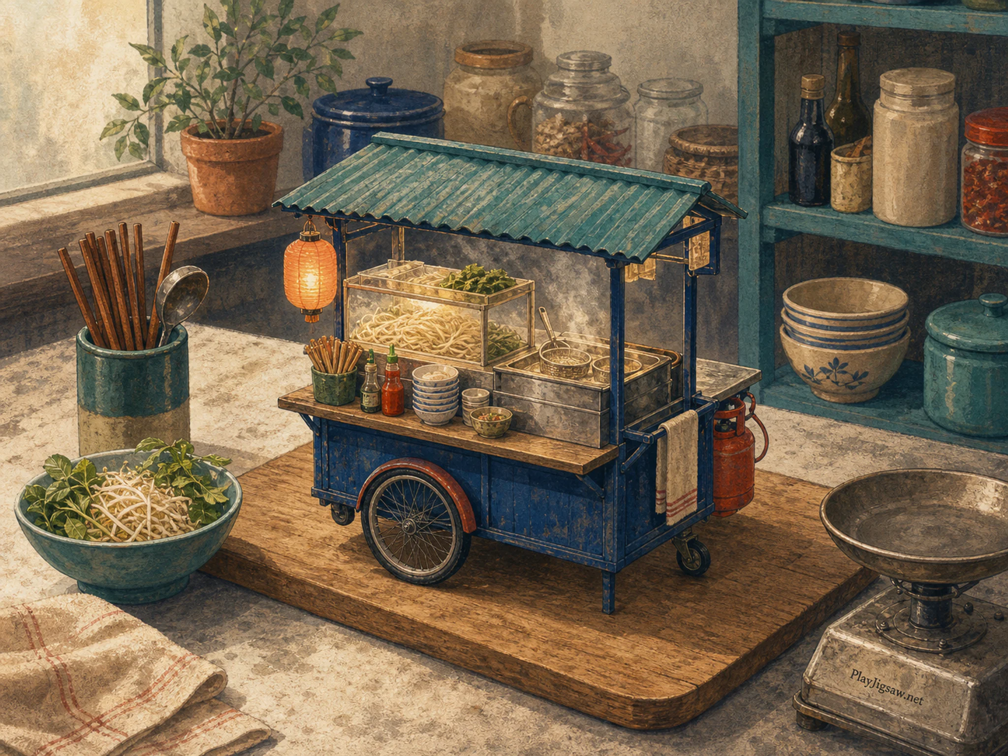 Night Noodle Cart displayed across wooden serving board in a practical pantry workspace, with layered scenery and soft overcast afternoon.