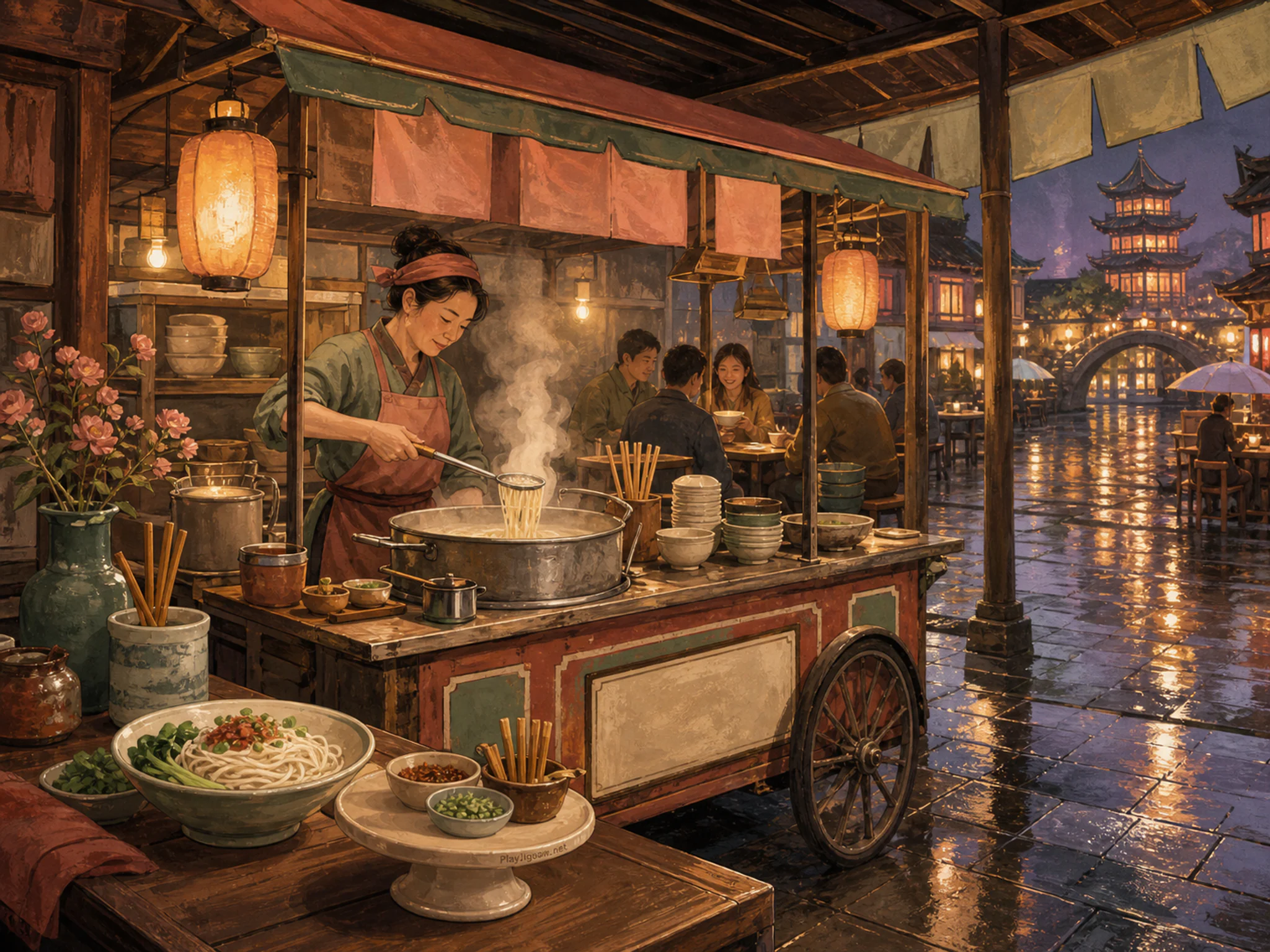Night Noodle Cart cooking near small tasting tray in a lively sheltered food stall, with layered scenery and golden lamplight at dusk.