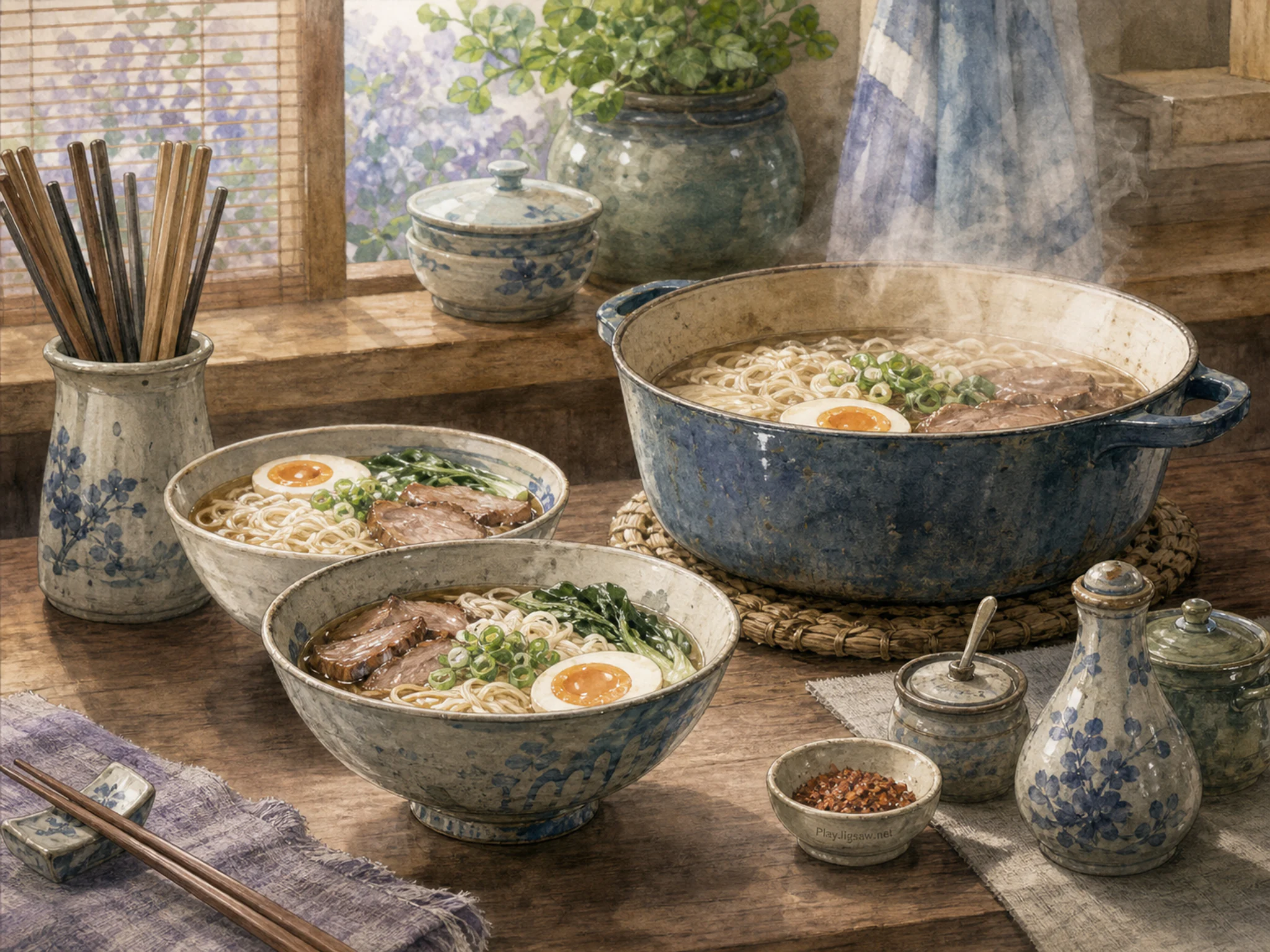 Ramen Counter steeping above enameled cooking pot in a sunlit breakfast table, with layered scenery and soft overcast afternoon.