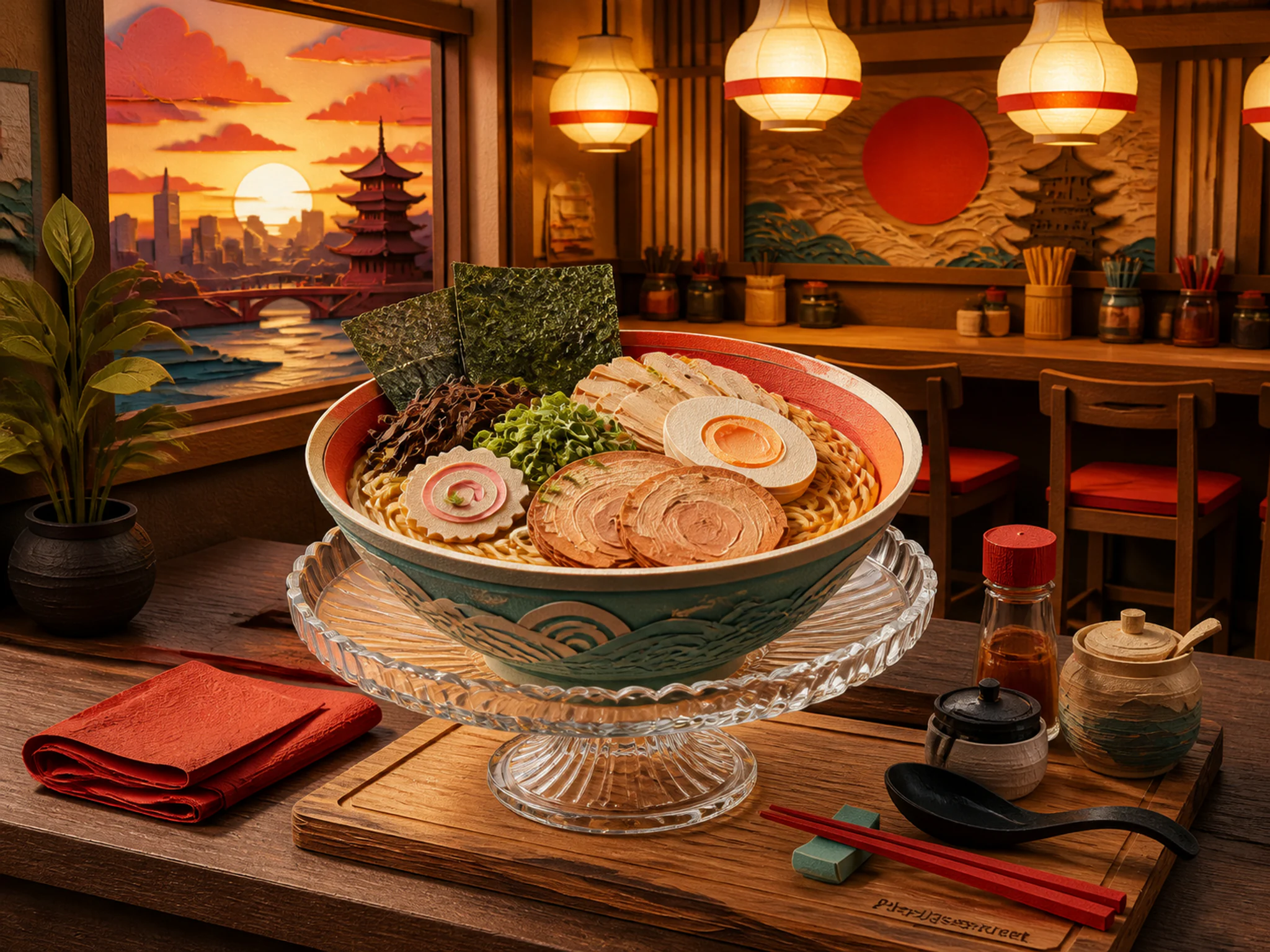 Ramen Counter freshly prepared on glass cake stand in a calm tasting counter, with layered scenery and golden lamplight at dusk.