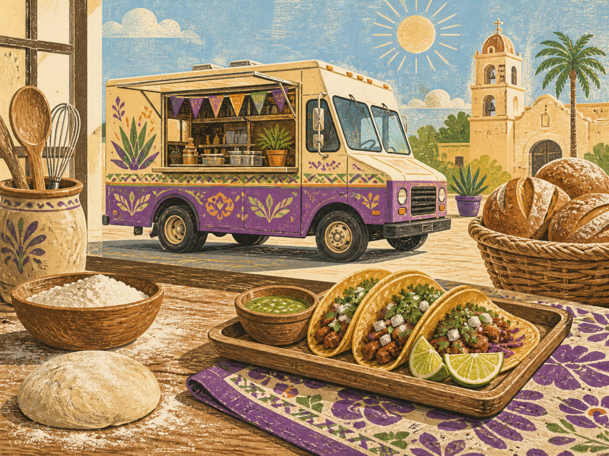 Sunny Taco Truck served beside patterned breakfast cloth in a flour-dusted bakery counter, with layered scenery and bright diffused window light.