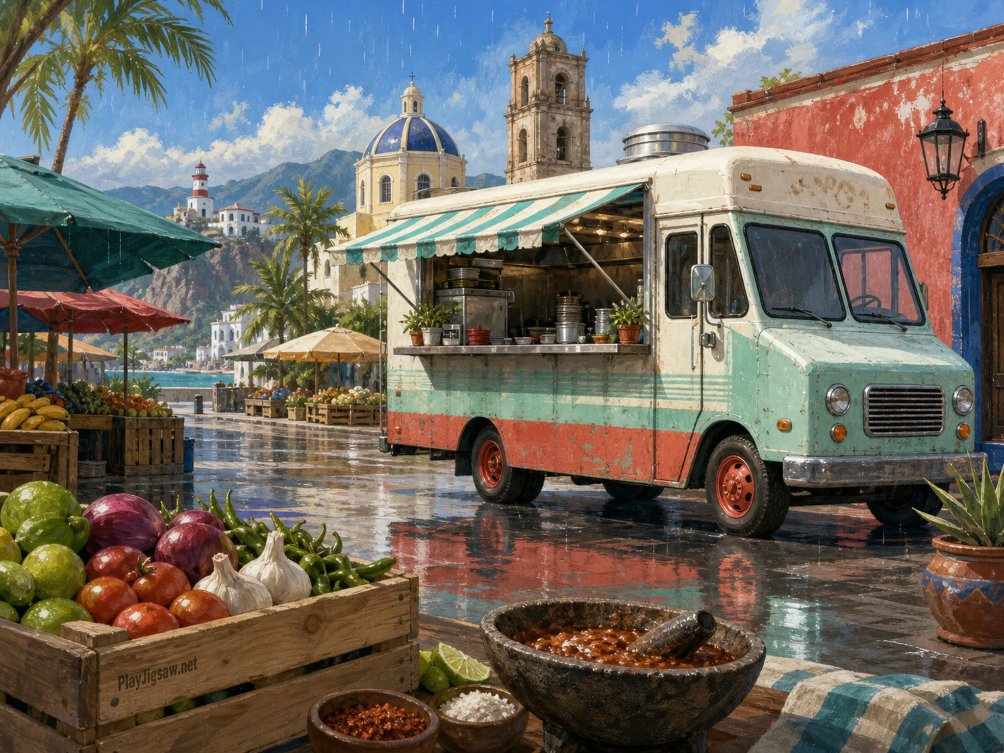 Sunny Taco Truck simmering beside hand-thrown spice bowl in a colorful produce market, with layered scenery and gentle rain with crisp reflections.