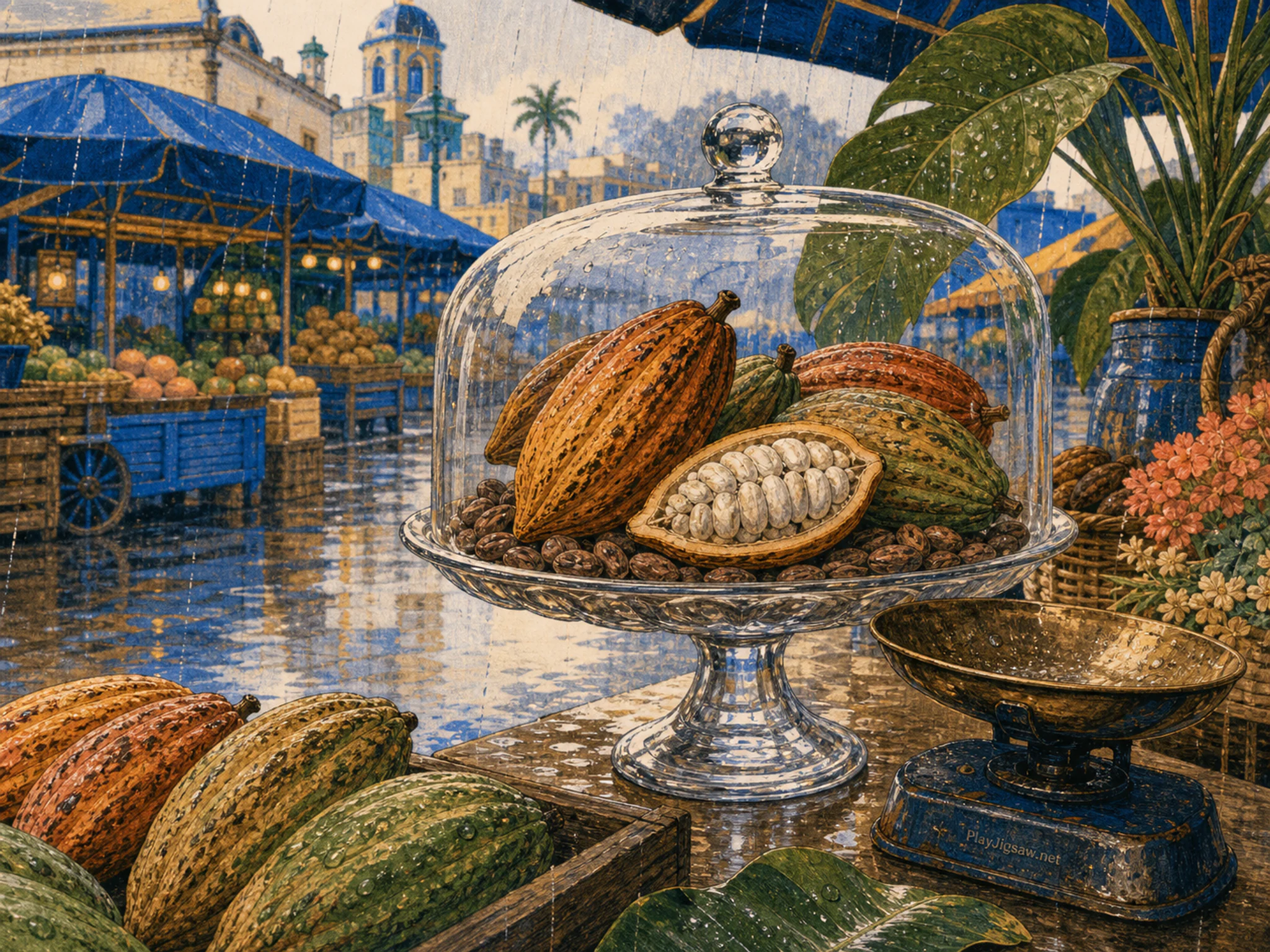 Cocoa Cart displayed across glass cake stand in a colorful produce market, with layered scenery and gentle rain with crisp reflections.