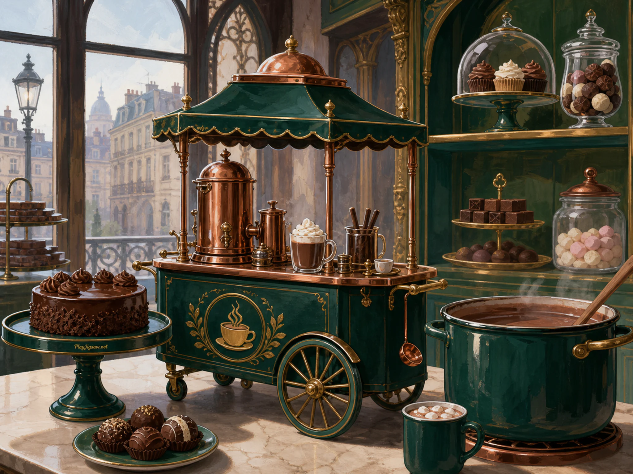Cocoa Cart cooking near enameled cooking pot in a bright confectionery display, with layered scenery and soft overcast afternoon.