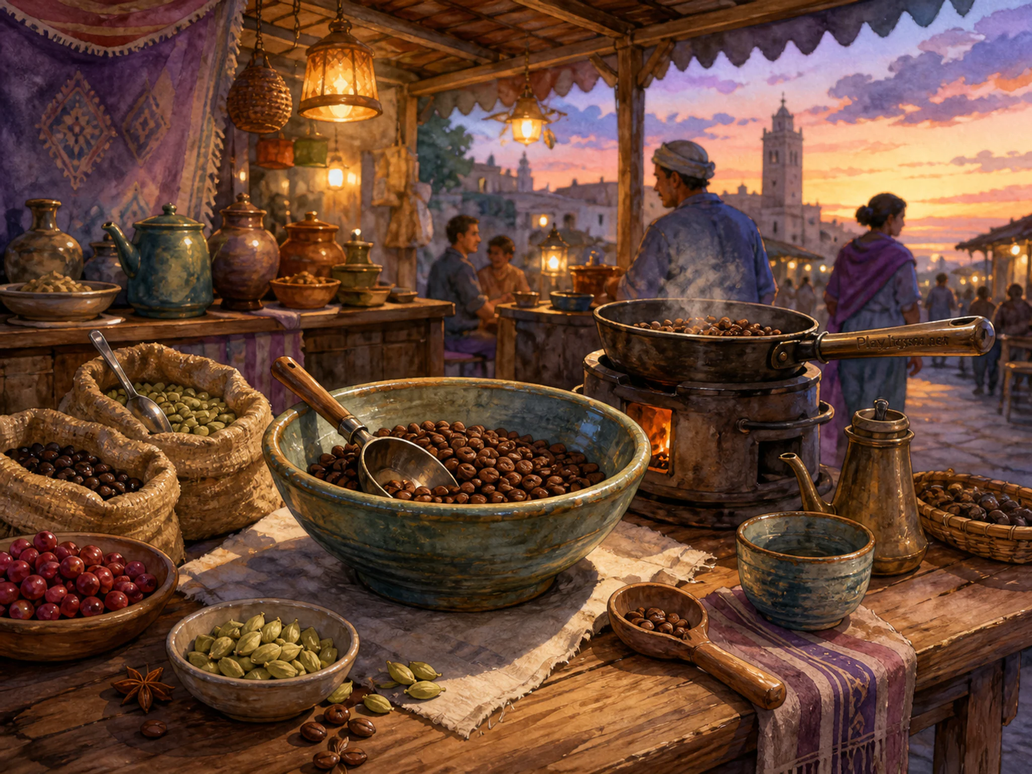 Coffee Roasting Table arranged around hand-thrown spice bowl in a lively sheltered food stall, with layered scenery and golden lamplight at dusk.