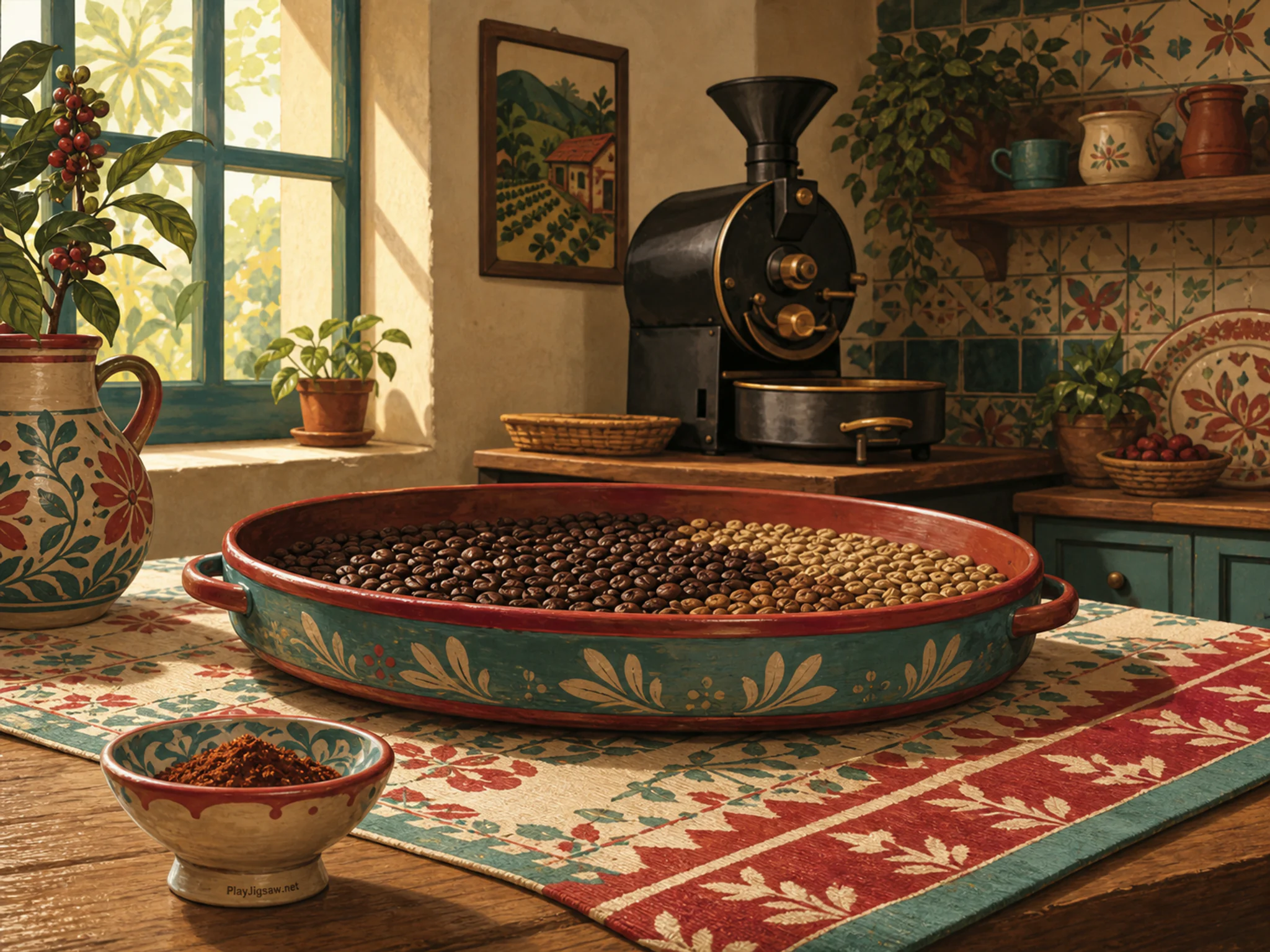 Coffee Roasting Table being sorted beside patterned breakfast cloth in a warm working kitchen, with layered scenery and bright diffused window light.