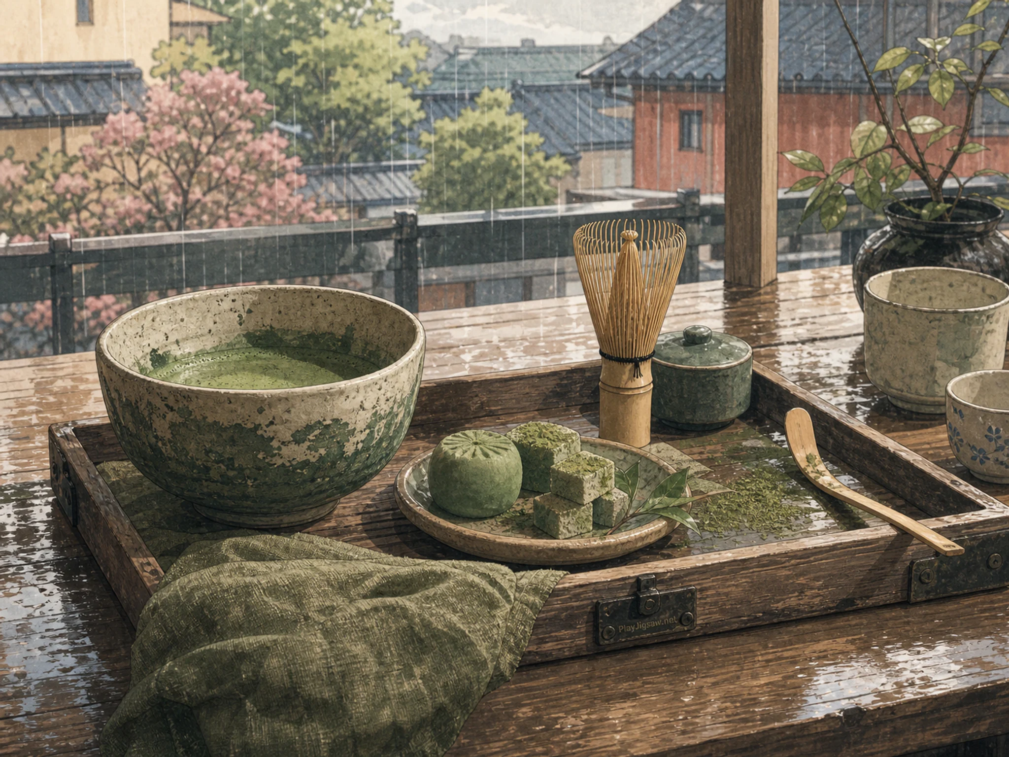 matcha garden tray prepared naturally beside a ceramic tea bowl in a quiet matcha tea counter with cups and a manual whisk, with familiar objects and gentle rain with crisp.
