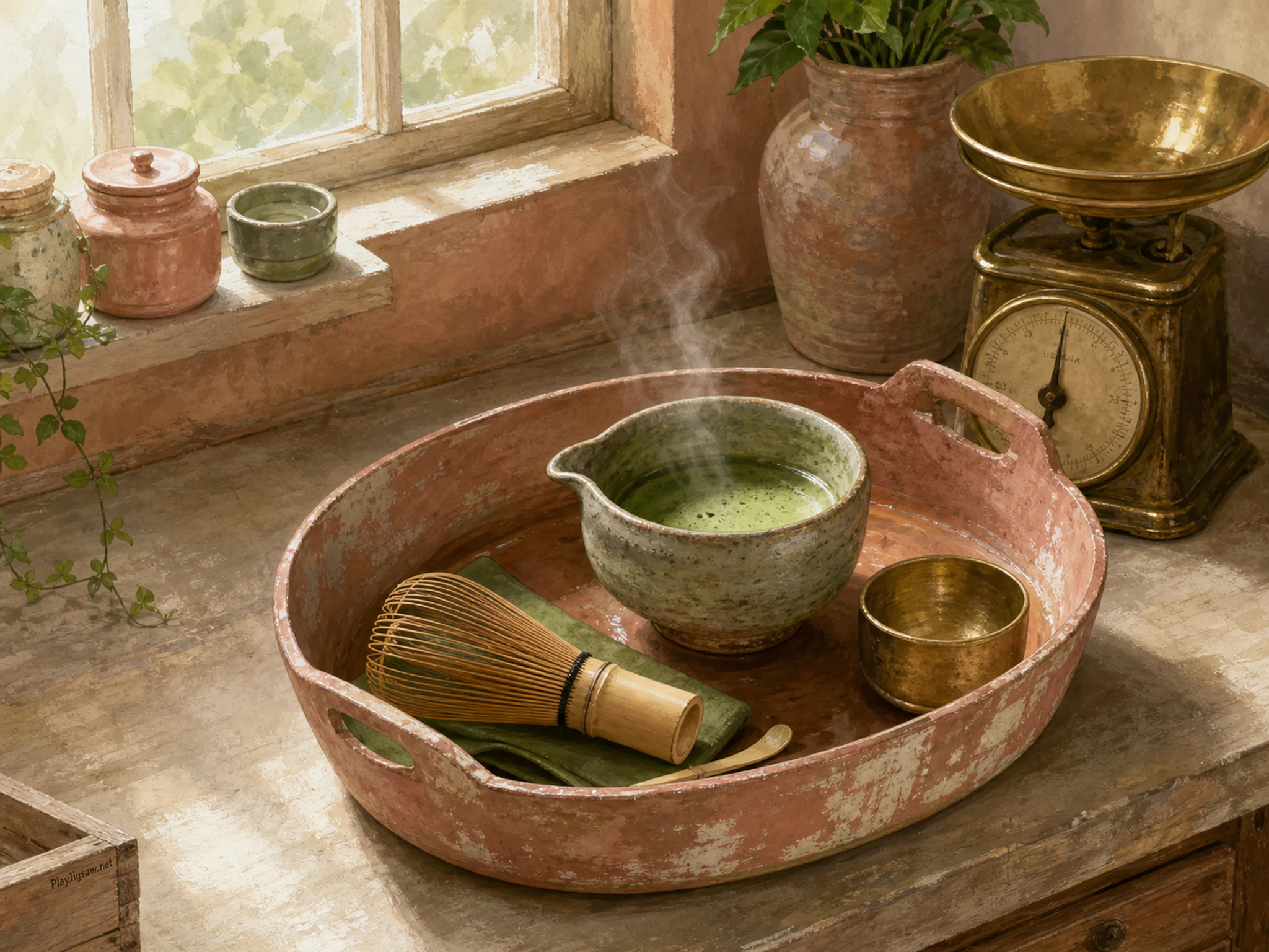 Matcha Garden Tray simmering beside brass market scale in a practical pantry workspace, with layered scenery and bright diffused window light.