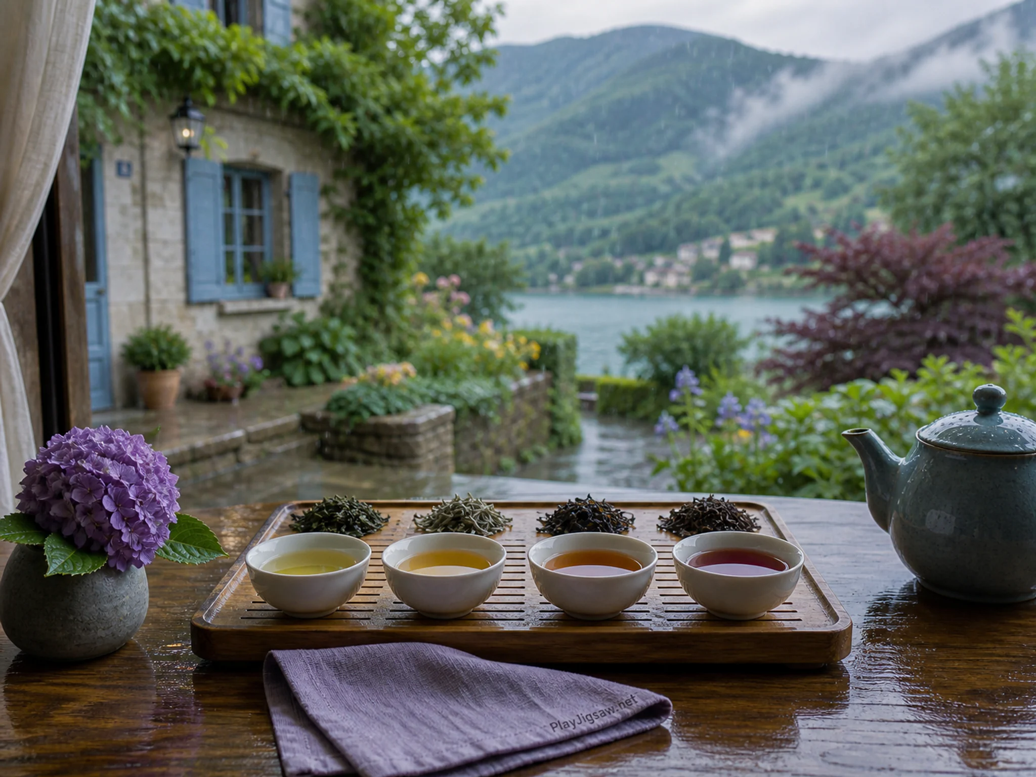 Tea Tasting Flight freshly prepared on small tasting tray in a sunlit breakfast table, with layered scenery and gentle rain with crisp reflections.