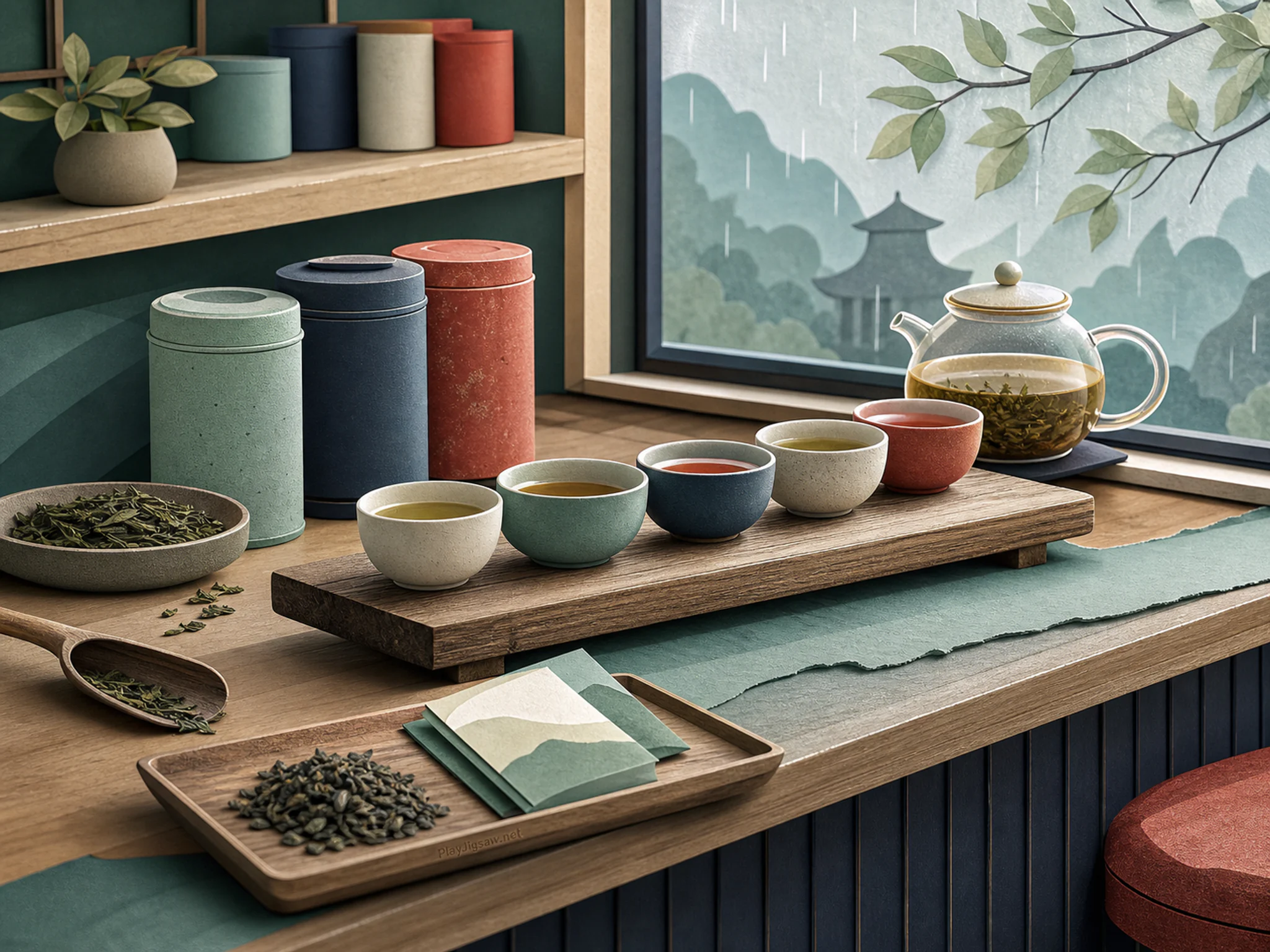 Tea Tasting Flight steeping above wooden serving board in a calm tasting counter, with layered scenery and soft overcast afternoon.