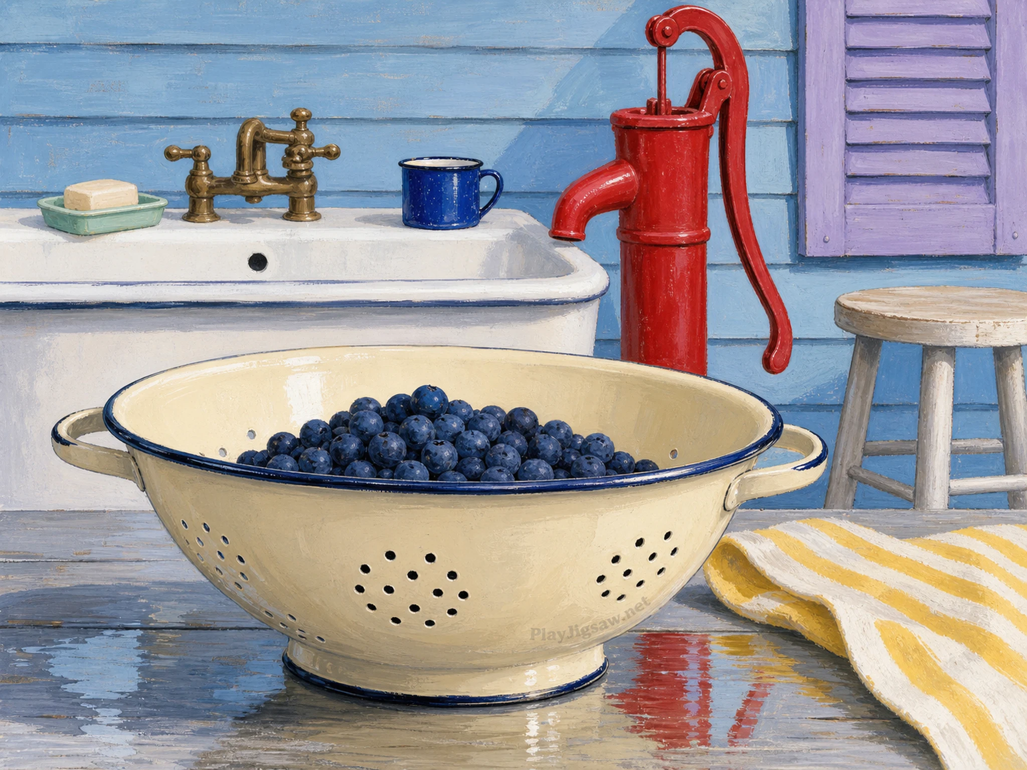 A cream enamel colander of blueberries on a powder-blue wash porch with red pump, lavender shutter, yellow towel, and a faded enamel maker mark