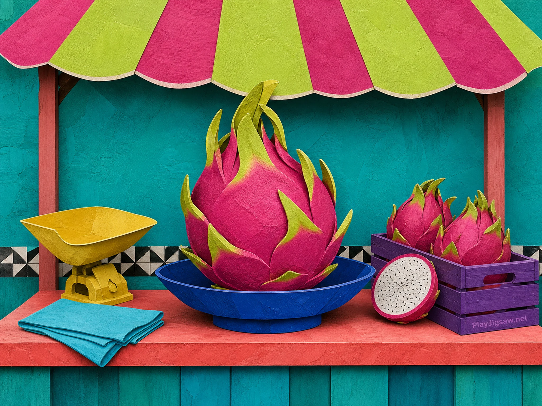 An oversized magenta dragon fruit in a cobalt bowl beneath a lime-striped parasol with yellow scoop, violet crate, cyan cloth, and screen-printed maker mark
