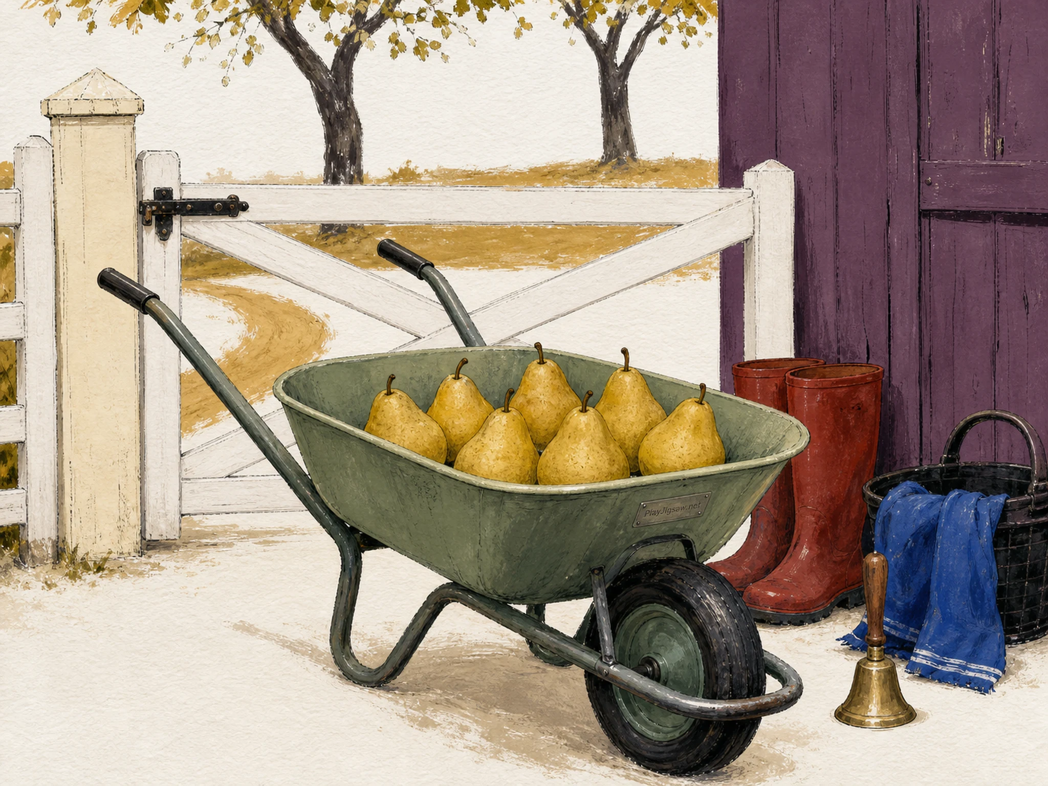 A sage wheelbarrow of golden pears by a cream orchard gate with plum shed, red boots, cobalt cloth, brass bell, and a small metal maker plate
