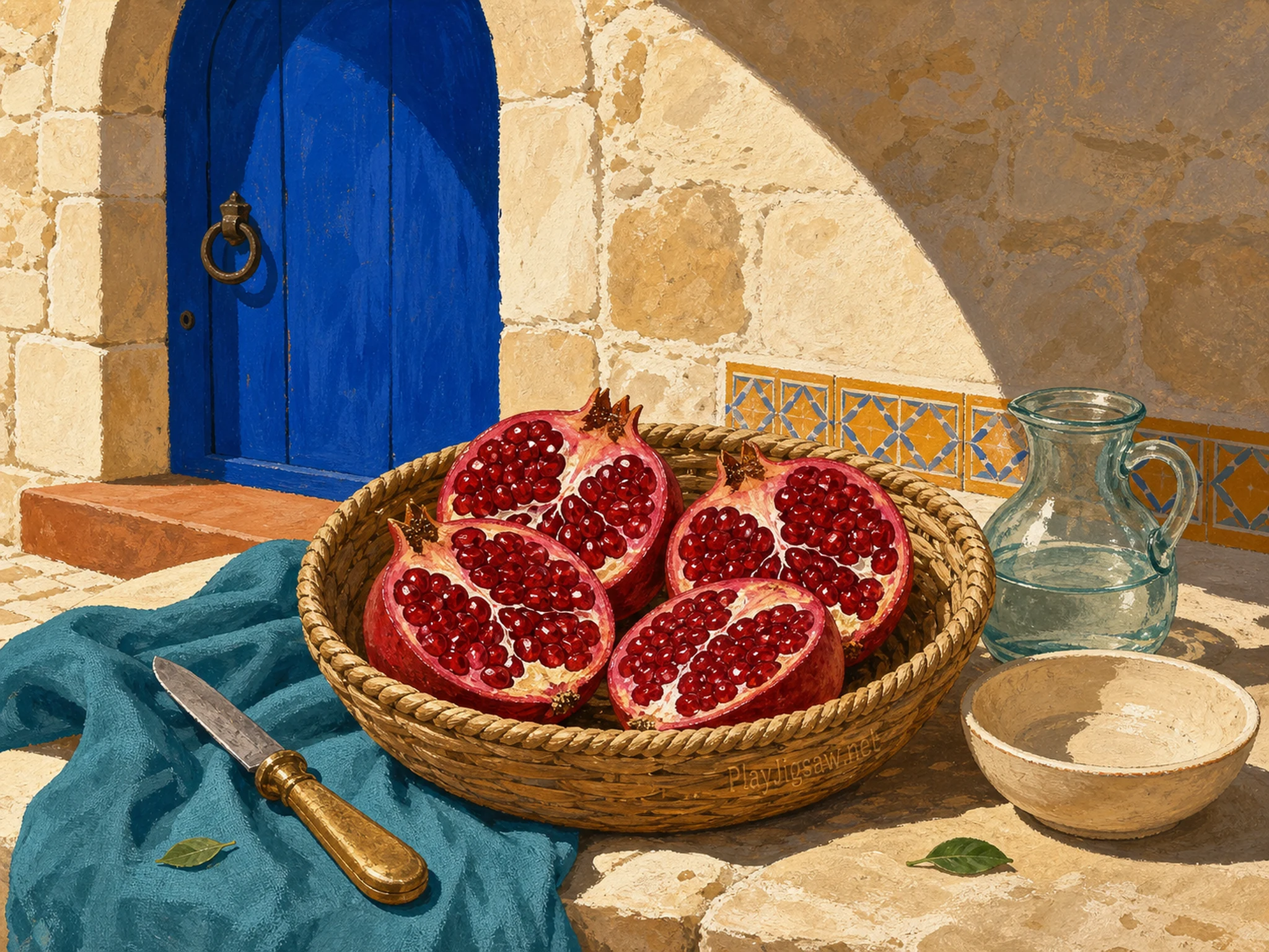 Split ruby pomegranates in a woven basket in a limestone courtyard with cobalt door, teal cloth, brass knife, glass pitcher, and burned basket-rim mark