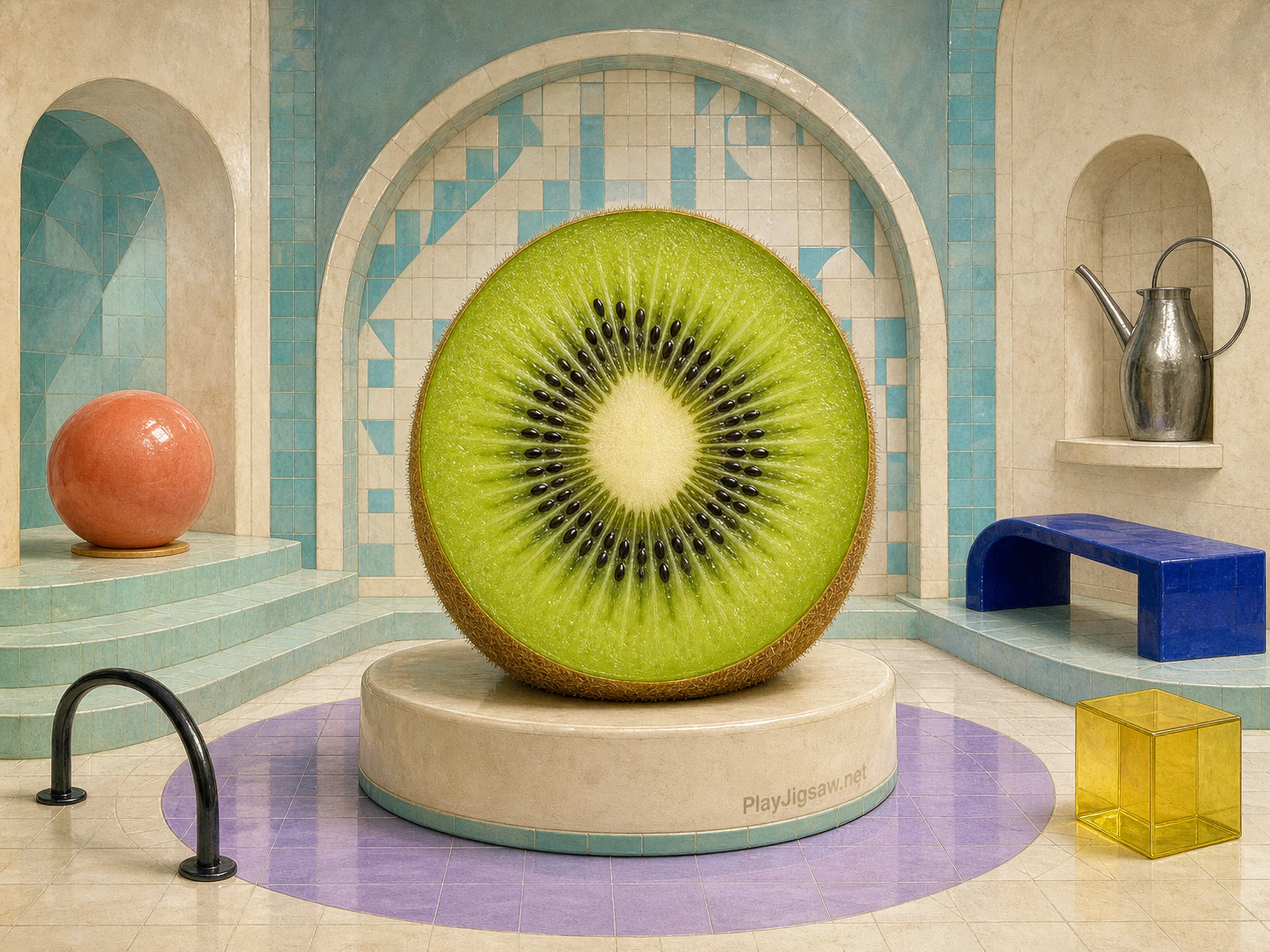A giant halved kiwi on a cream pedestal in a cyan mosaic conservatory with coral sphere, cobalt bench, yellow cube, lavender floor, and glazed maker mark