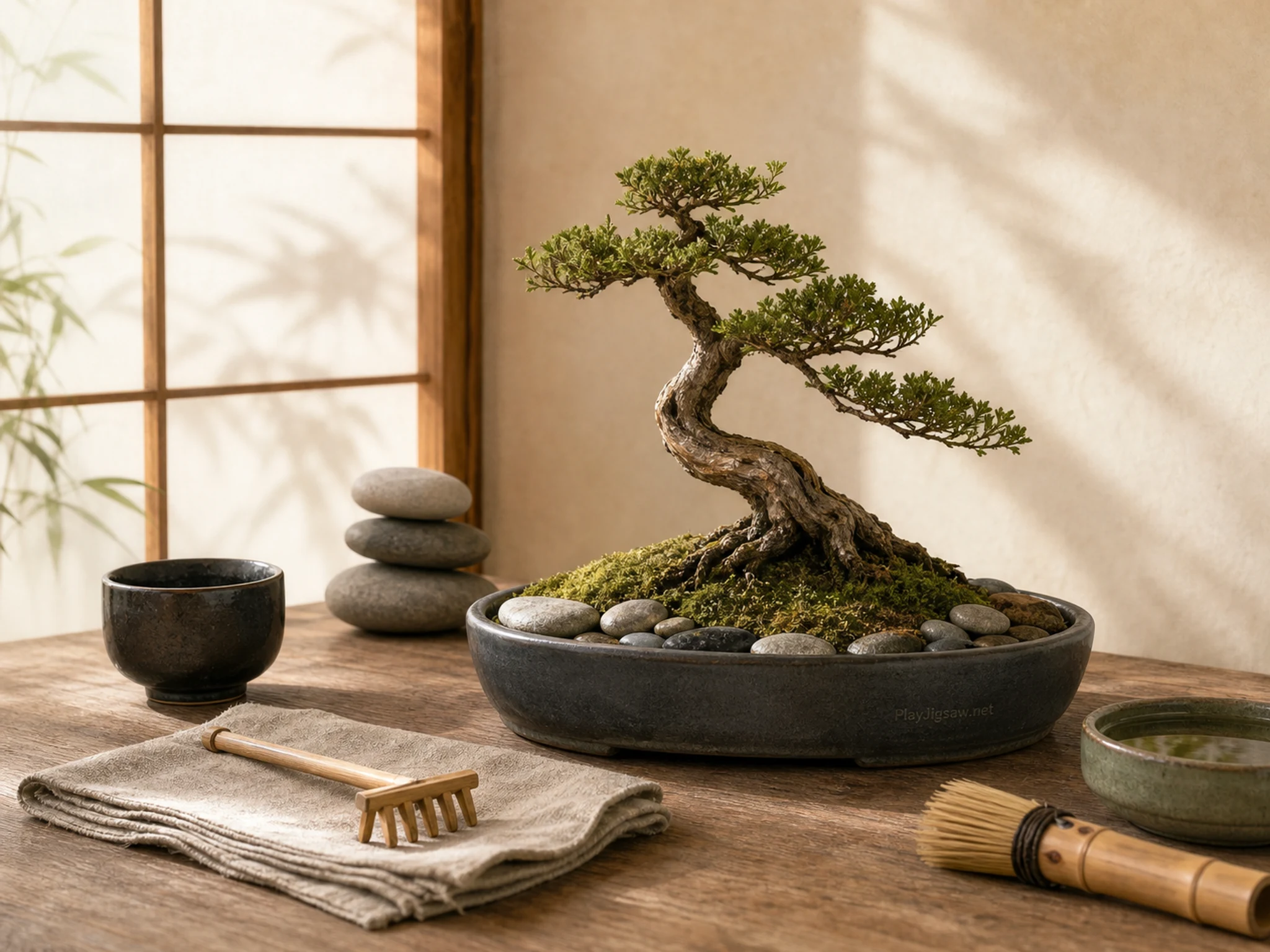 A serene tabletop bonsai scene with a shallow ceramic tray, windswept bonsai, small rake, linen cloth, black tea cup, pebble stack, water dish, bamboo brush, and a tiny engraved in-world maker mark on the tray edge