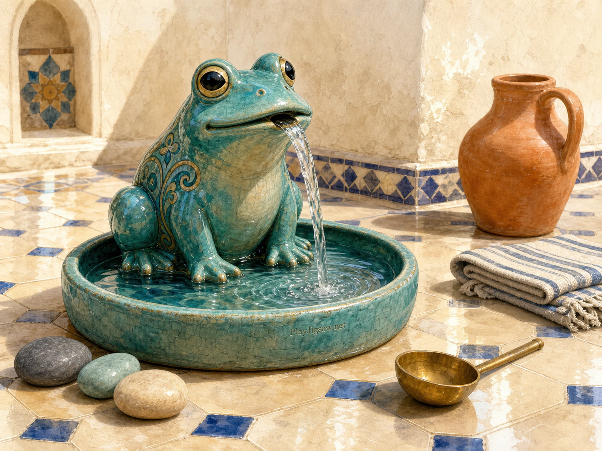 A quiet courtyard with a jade ceramic frog fountain, shallow basin, terracotta pot, stone bench, copper watering can, towel, stepping stone, and a tiny engraved in-world maker mark