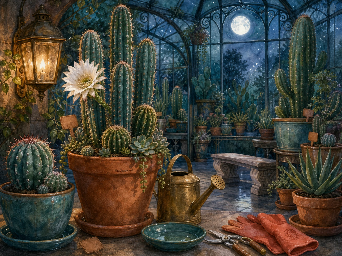 A moonlit glass conservatory with sculptural cactus pots, arched iron frames, misted glass panes, brass watering can, teal ceramic saucer, coral pruning gloves, stone bench, and a subtle maker mark ceramic pot maker mark