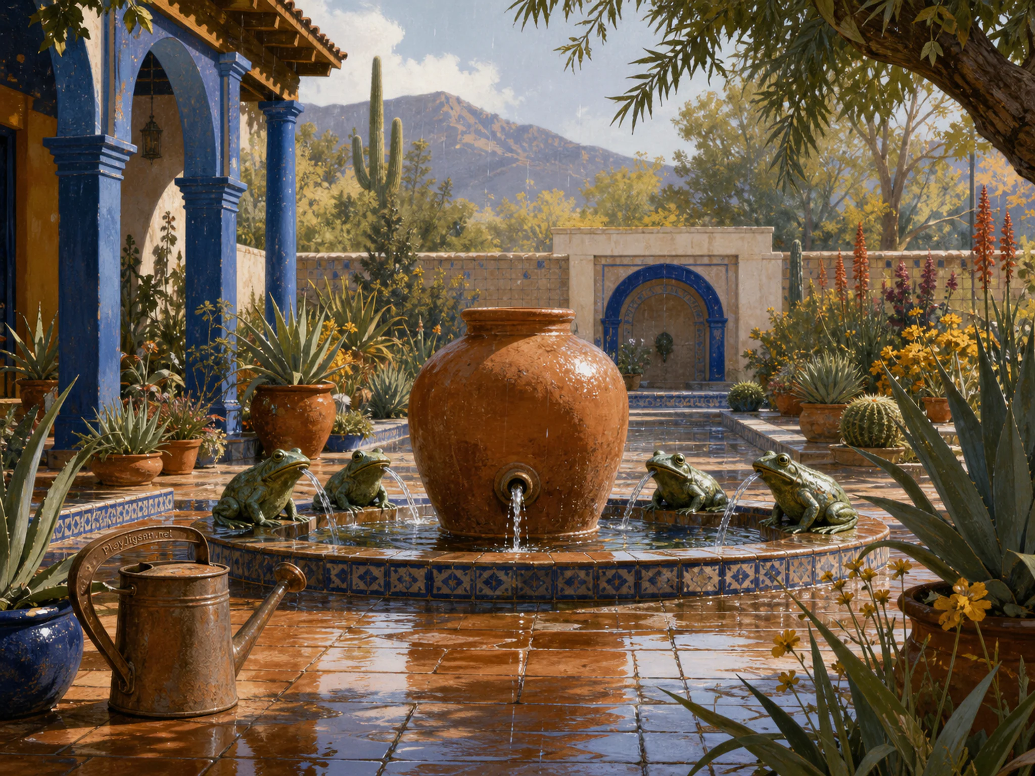 Frog Fountain Court organized around terracotta irrigation jar in a sunlit dryland garden, with layered scenery and gentle rain with crisp reflections.
