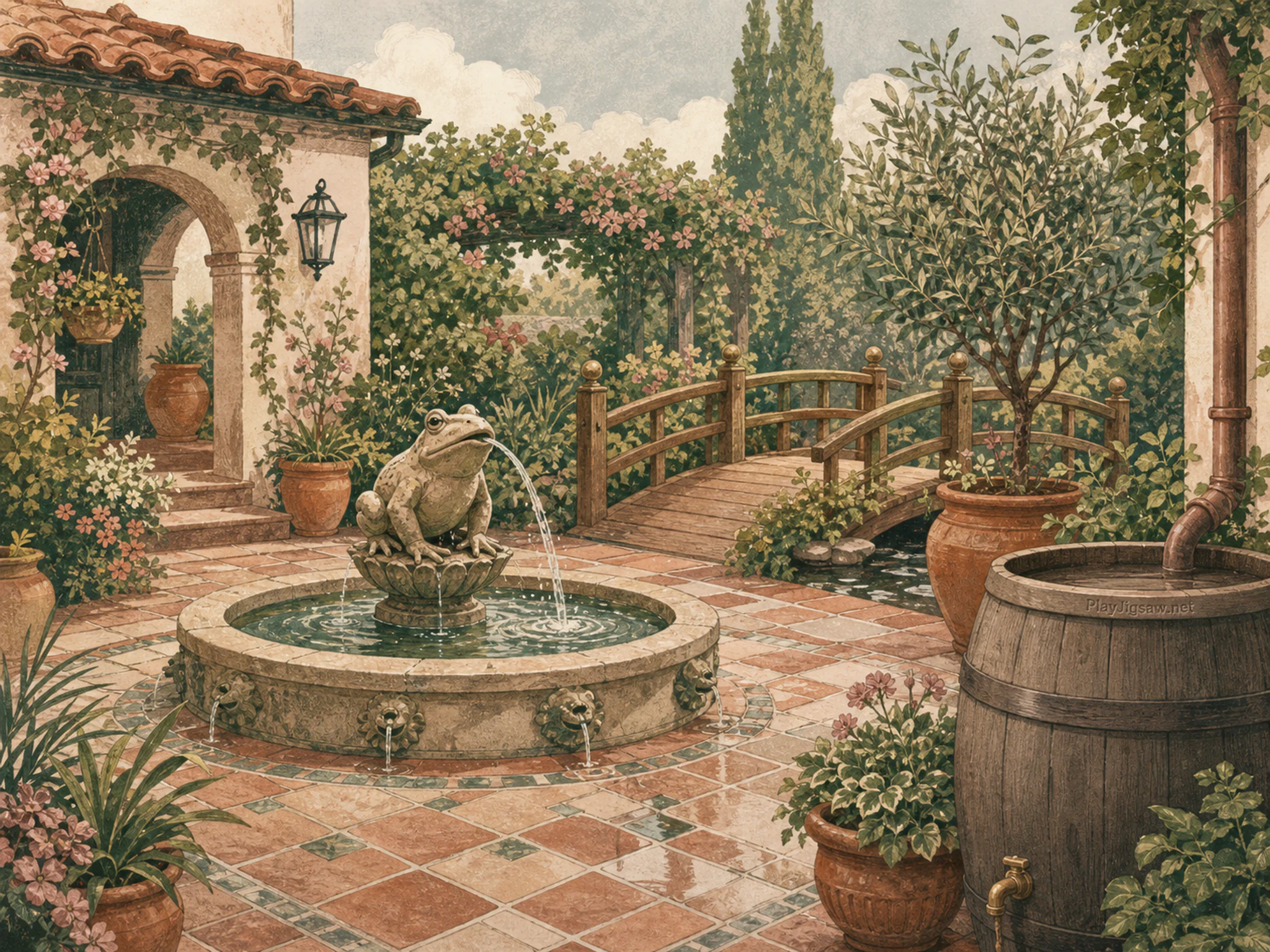 Frog Fountain Court framing small wooden footbridge in a tiled garden courtyard, with layered scenery and soft overcast afternoon.