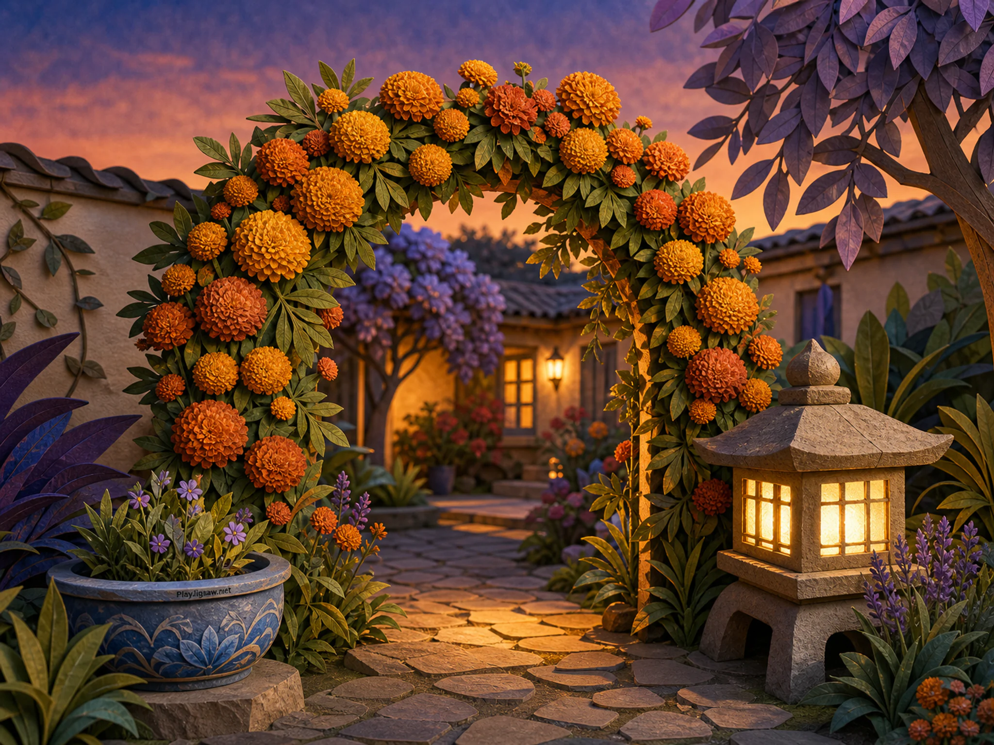Marigold Arch resting among low garden lantern in a softly illuminated seasonal garden, with layered scenery and golden lamplight at dusk.