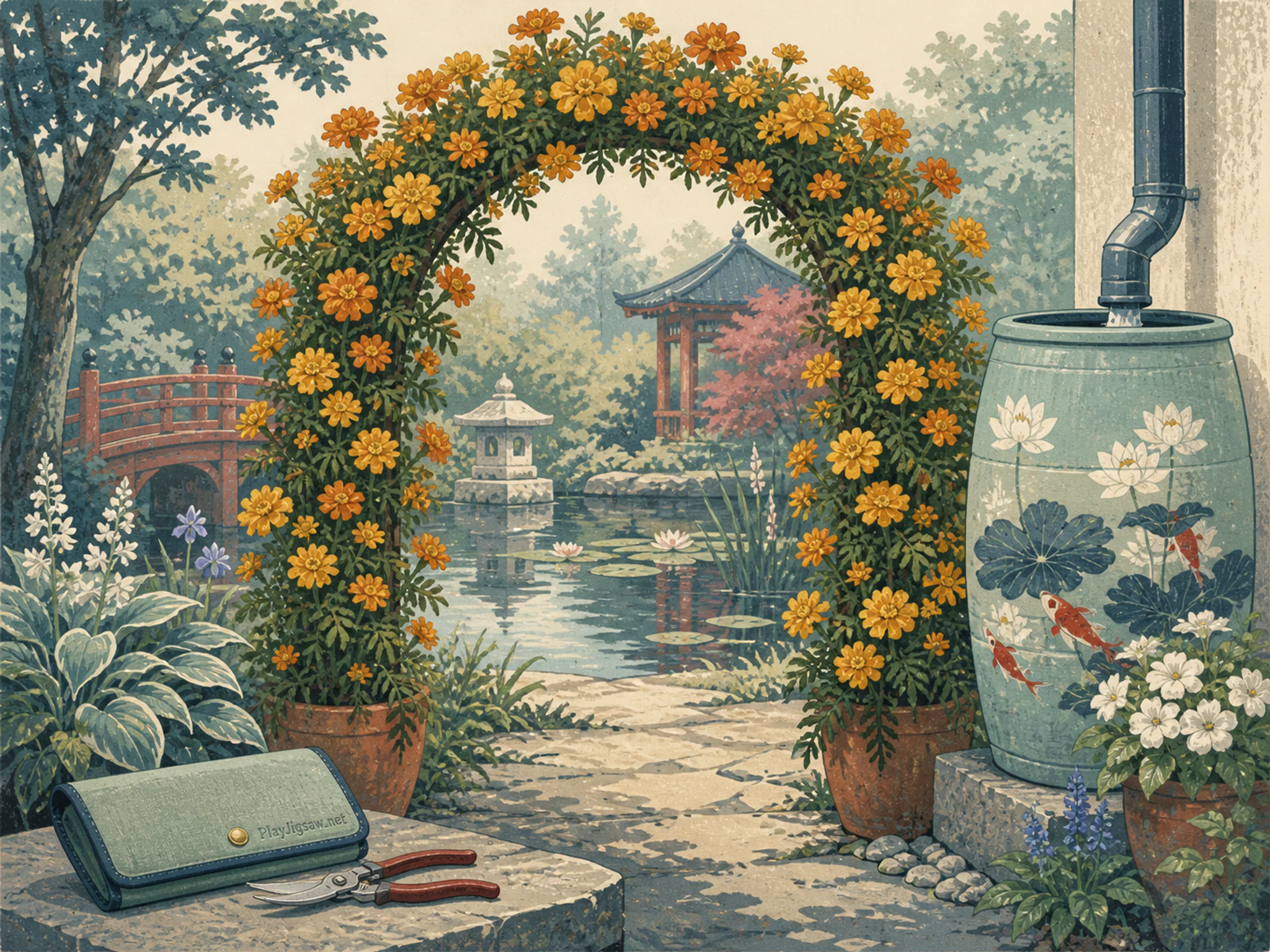 Marigold Arch being used near painted rain barrel in a reflective water garden, with layered scenery and bright diffused window light.