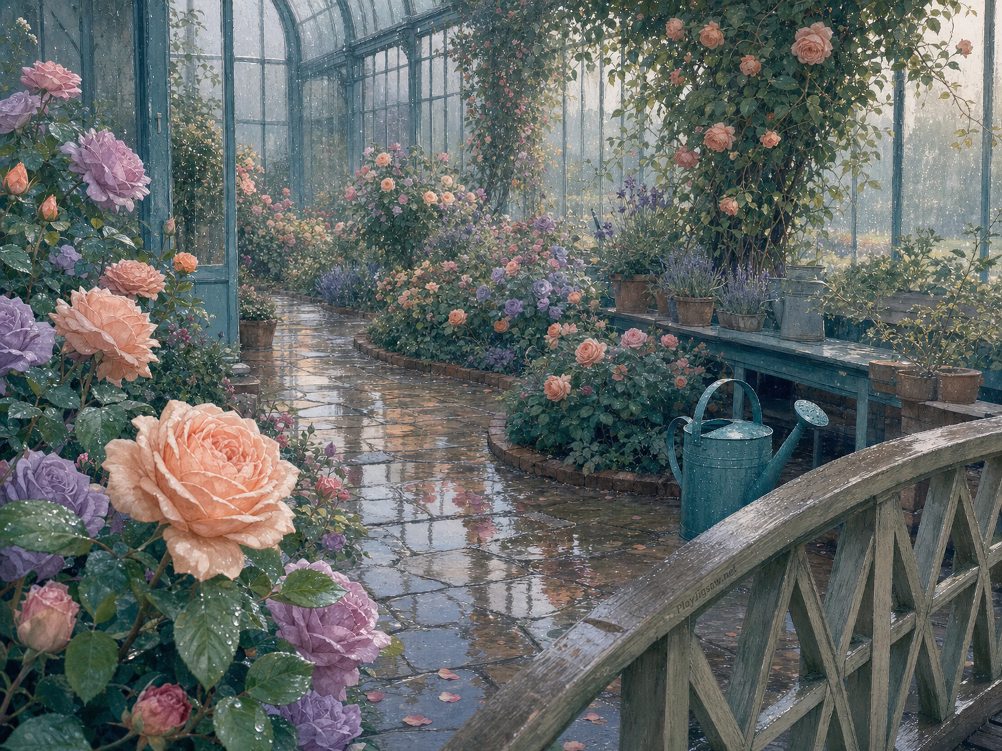 Rose Path collecting water beside teal watering can in a humid glasshouse aisle, with layered scenery and gentle rain with crisp reflections.