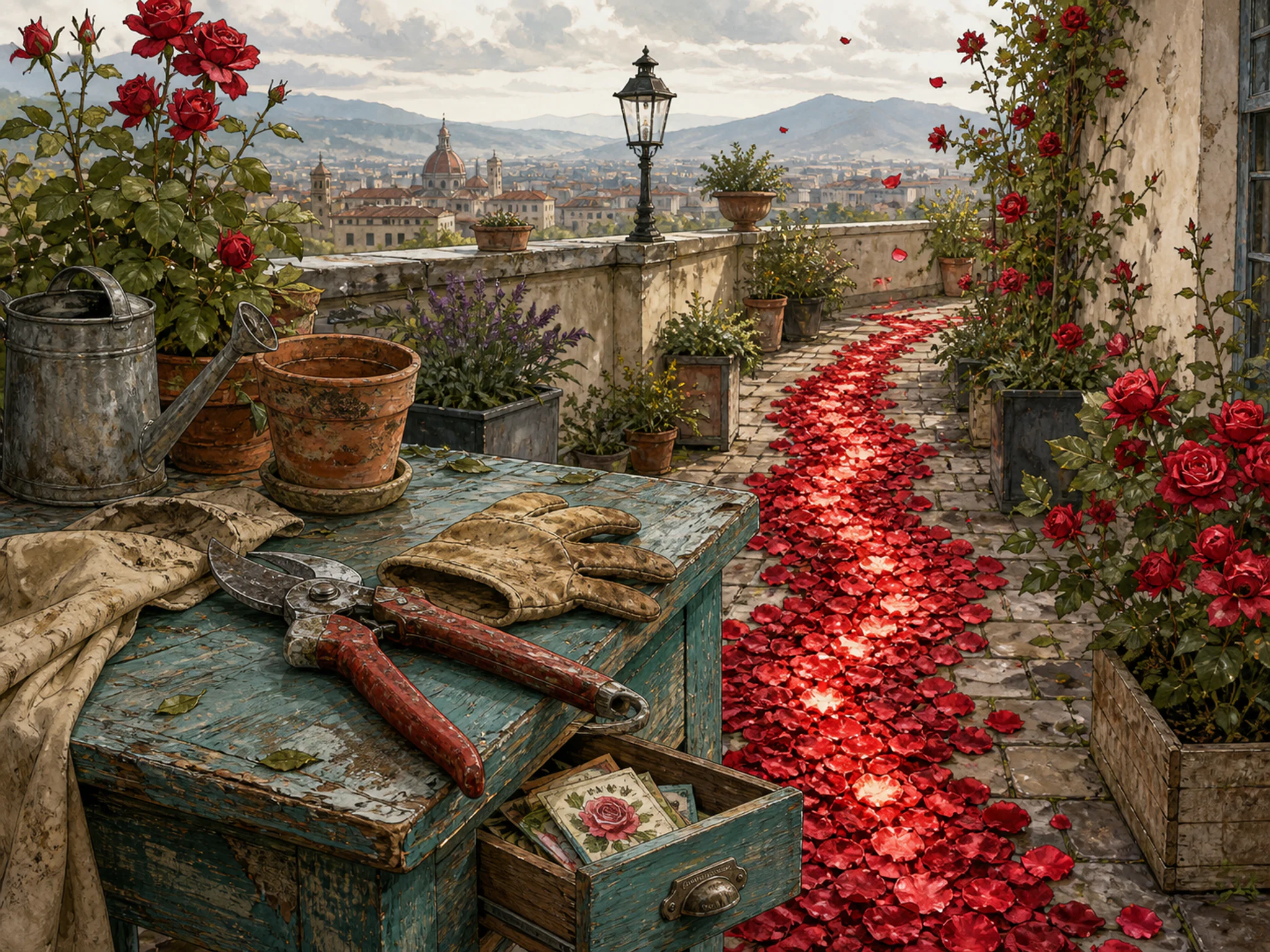 Rose Path glowing beneath well-used pruning kit in a breezy rooftop terrace, with layered scenery and soft overcast afternoon.