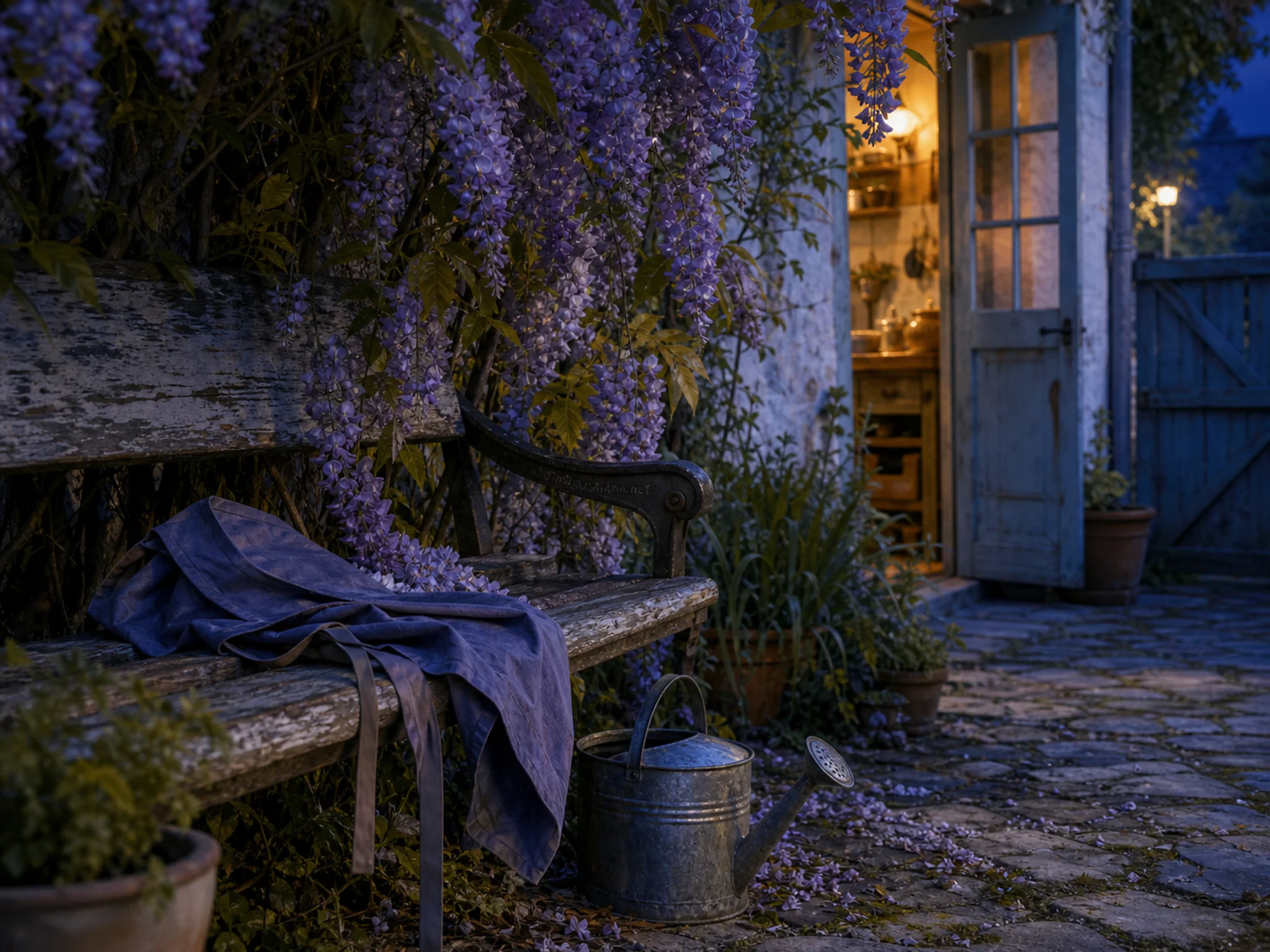 wisteria court arranged naturally beside a folded garden apron in a wisteria-covered courtyard garden beside a kitchen door, with familiar objects and cool blue-hour light.
