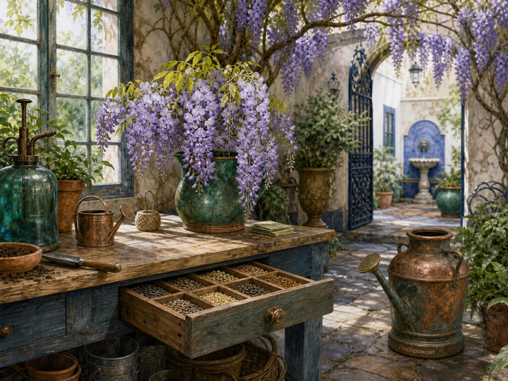 Wisteria Court crossing number-free seed drawer in a practical garden workspace, with layered scenery and bright diffused window light.