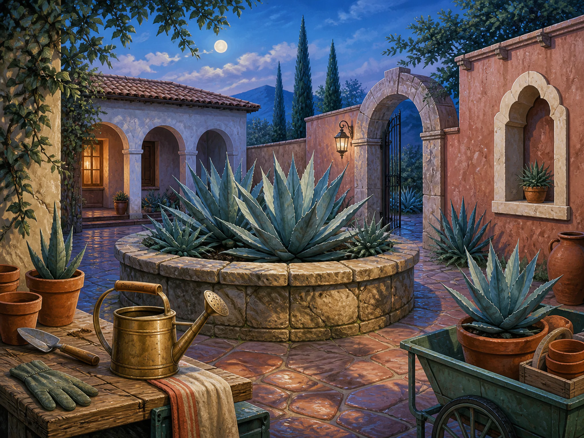 Agave Courtyard organized around aged stone planter in a practical garden workspace, with layered scenery and cool blue-hour light.