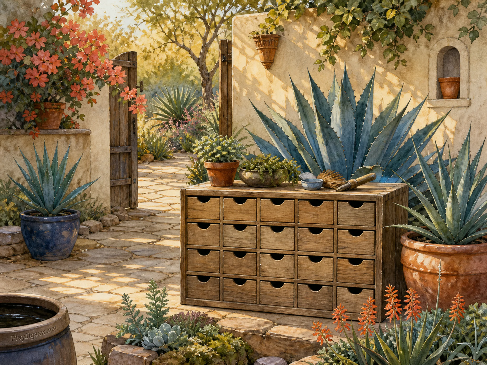 Agave Courtyard framing number-free seed drawer in a softly illuminated seasonal garden, with layered scenery and warm late-day sunlight.
