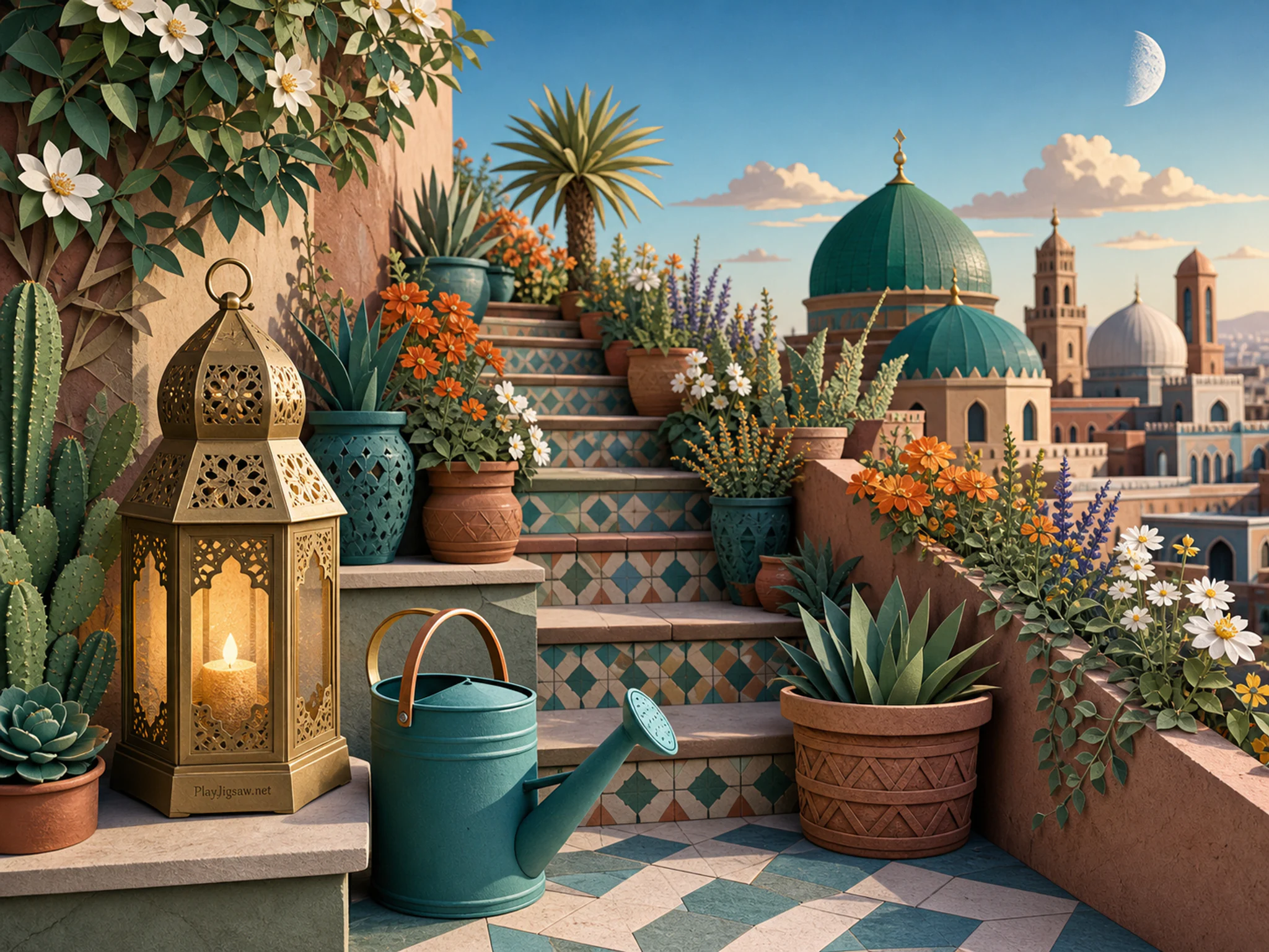 Desert Flower Steps crossing teal watering can in a breezy rooftop terrace, with layered scenery and clear early morning light.