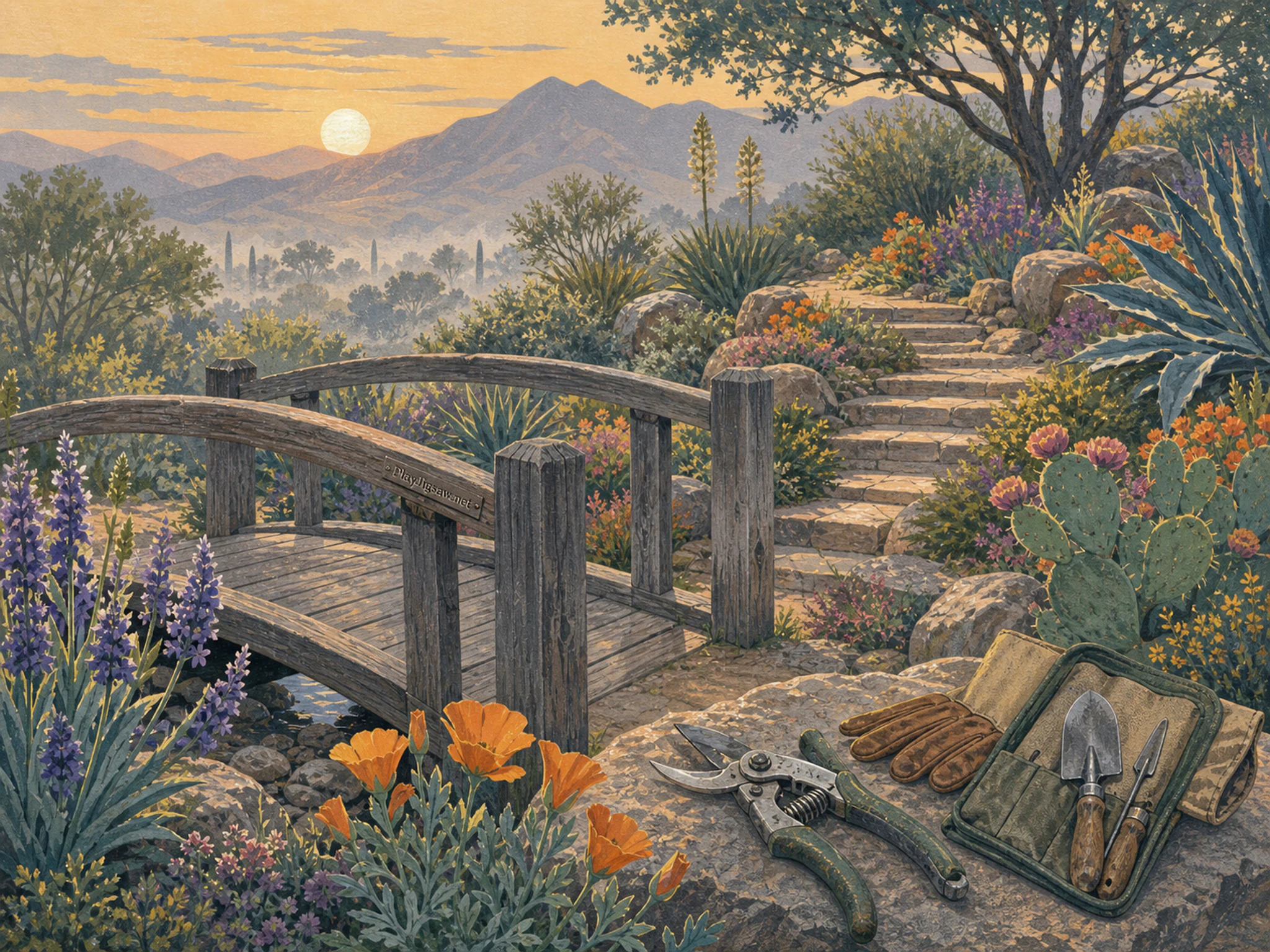 Desert Flower Steps cooling beside well-used pruning kit in a sunlit dryland garden, with layered scenery and calm misty dawn.