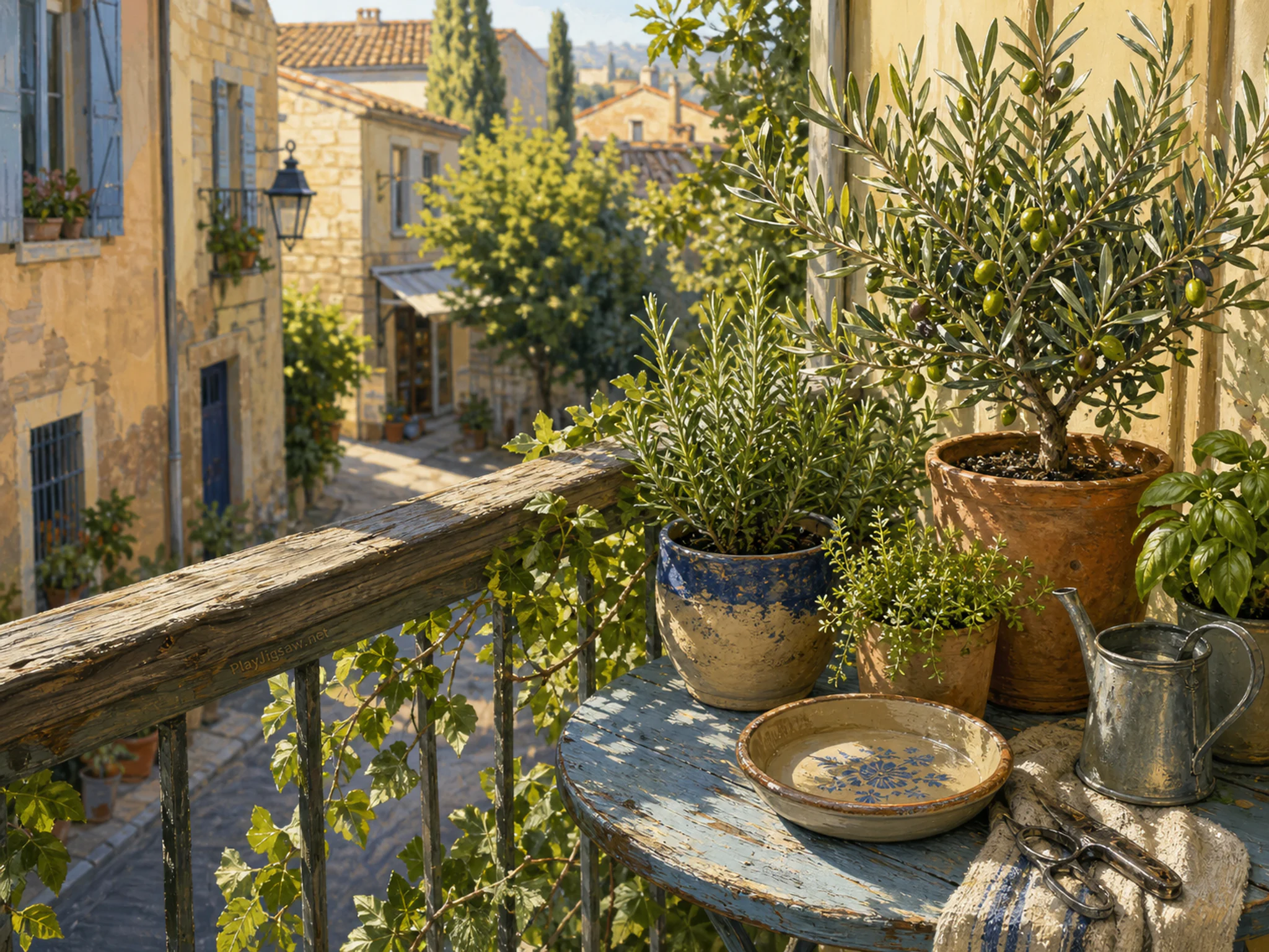 olive herb terrace arranged naturally beside a ceramic plant saucer in a small olive-and-herb terrace above a residential lane, with familiar objects and golden kitchen-window.