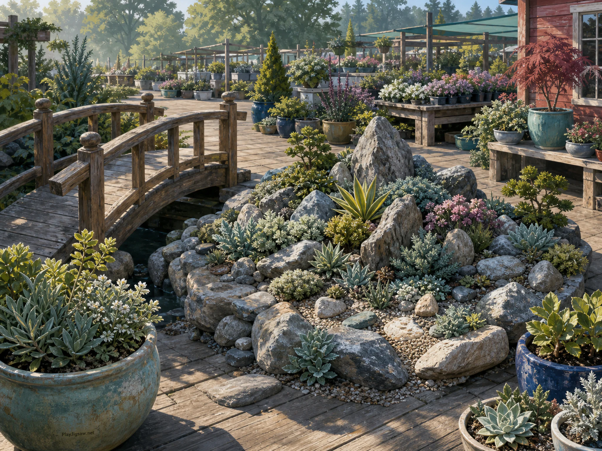 Rock Garden resting among small wooden footbridge in a busy plant nursery, with layered scenery and clear early morning light.