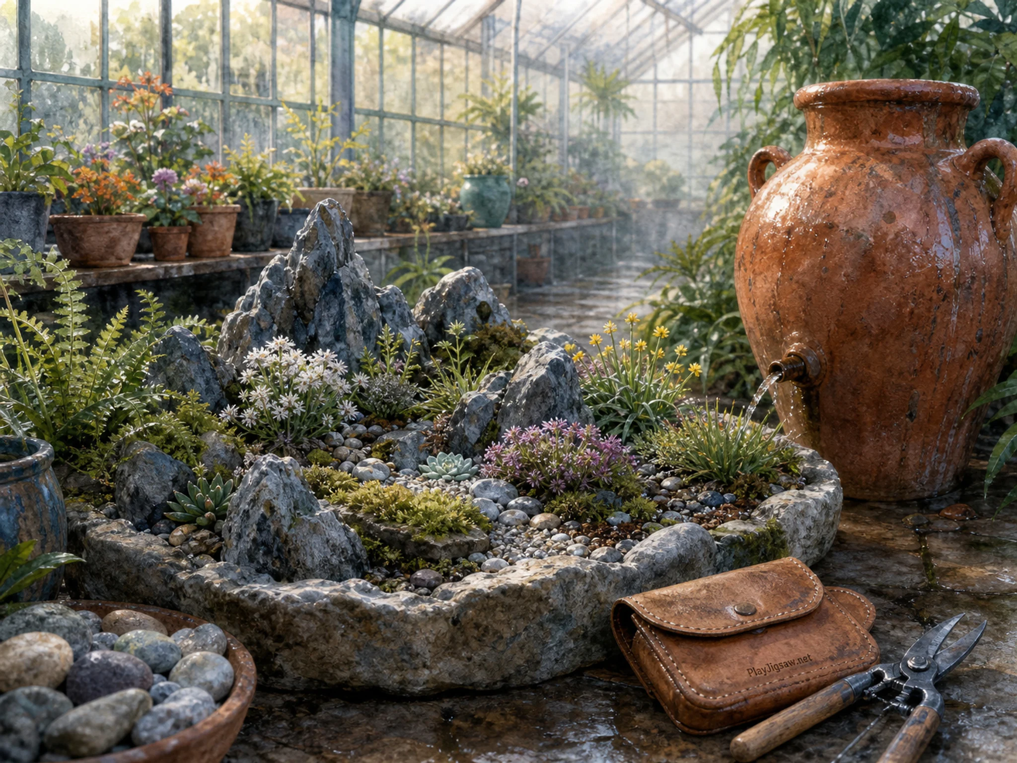 Rock Garden being used near terracotta irrigation jar in a humid glasshouse aisle, with layered scenery and calm misty dawn.